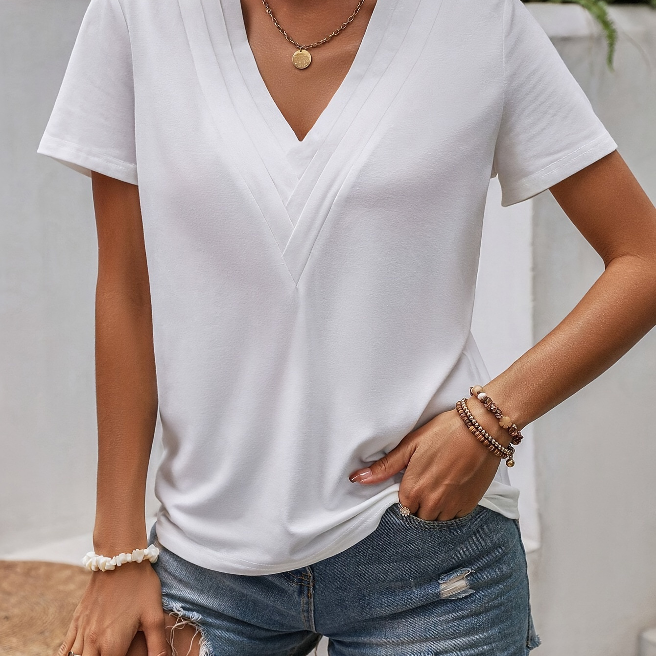 

V Neck Pleated Solid T-shirt, Elegant Short Sleeve Loose Top For Spring & Summer, Women's Clothing