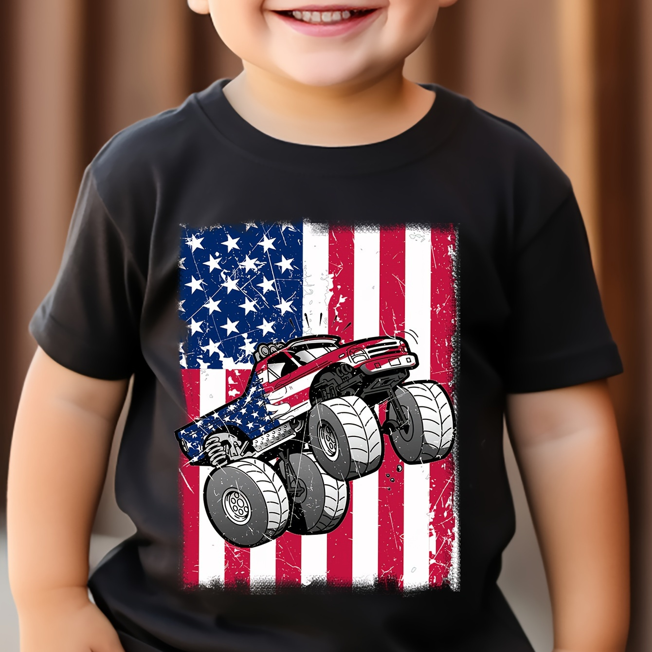 

Independence Day American Flag & Truck Pattern Casual T-shirt For Boys, Short Sleeve Soft Comfy Tee, Summer Outdoor Clothing