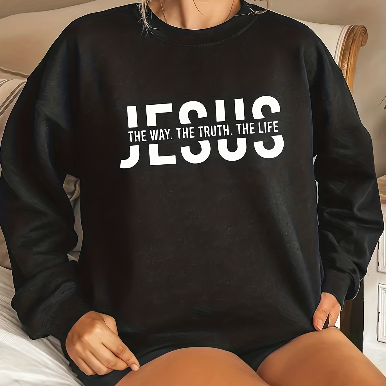 Jesus Letter Print Sweatshirt, Casual Long Sleeve Crew Neck Sweatshirt, Women's Clothing