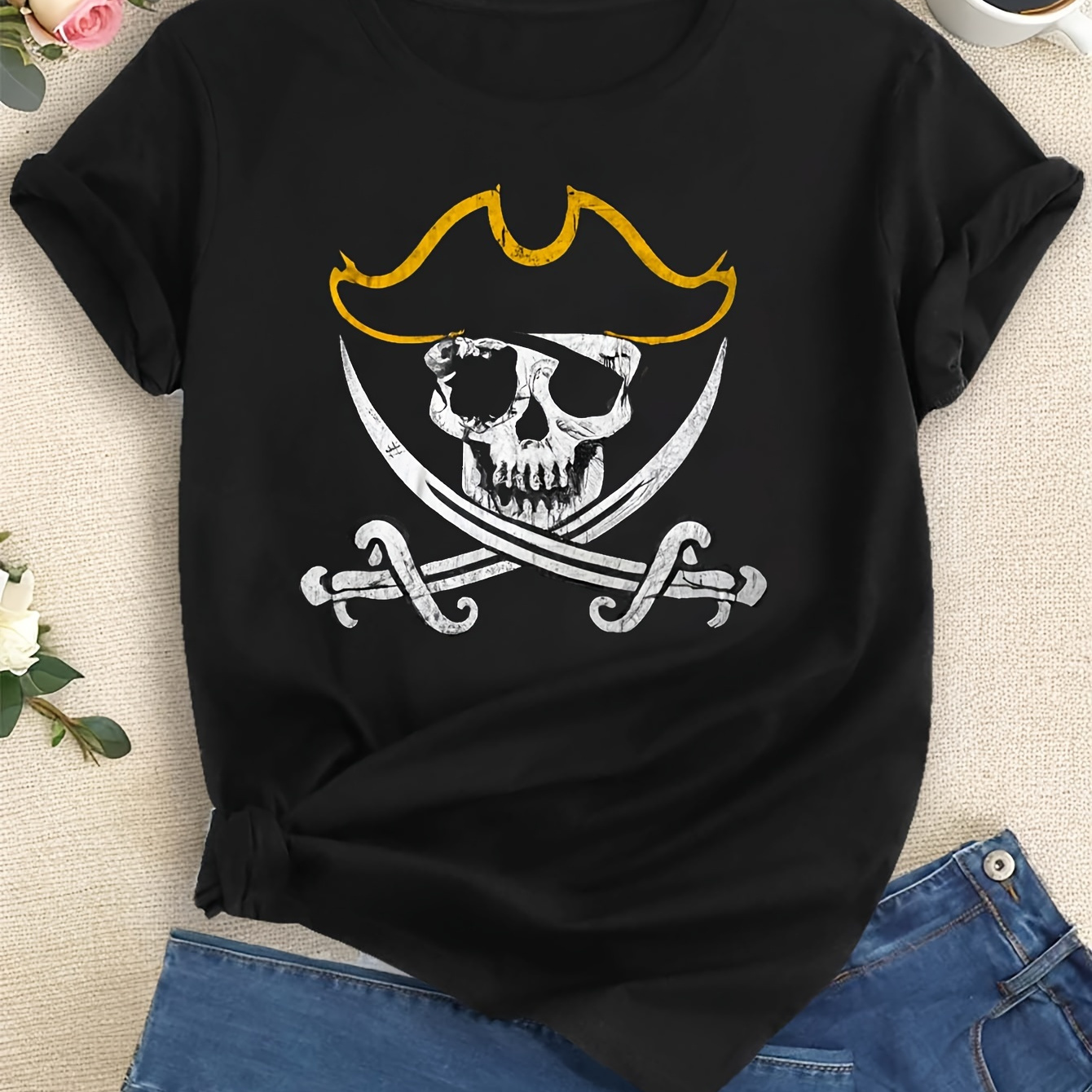 

Pattern For Pirate Ship Print T-shirt, Short Sleeve Crew Neck Casual Top For Summer & Spring, Women's Clothing