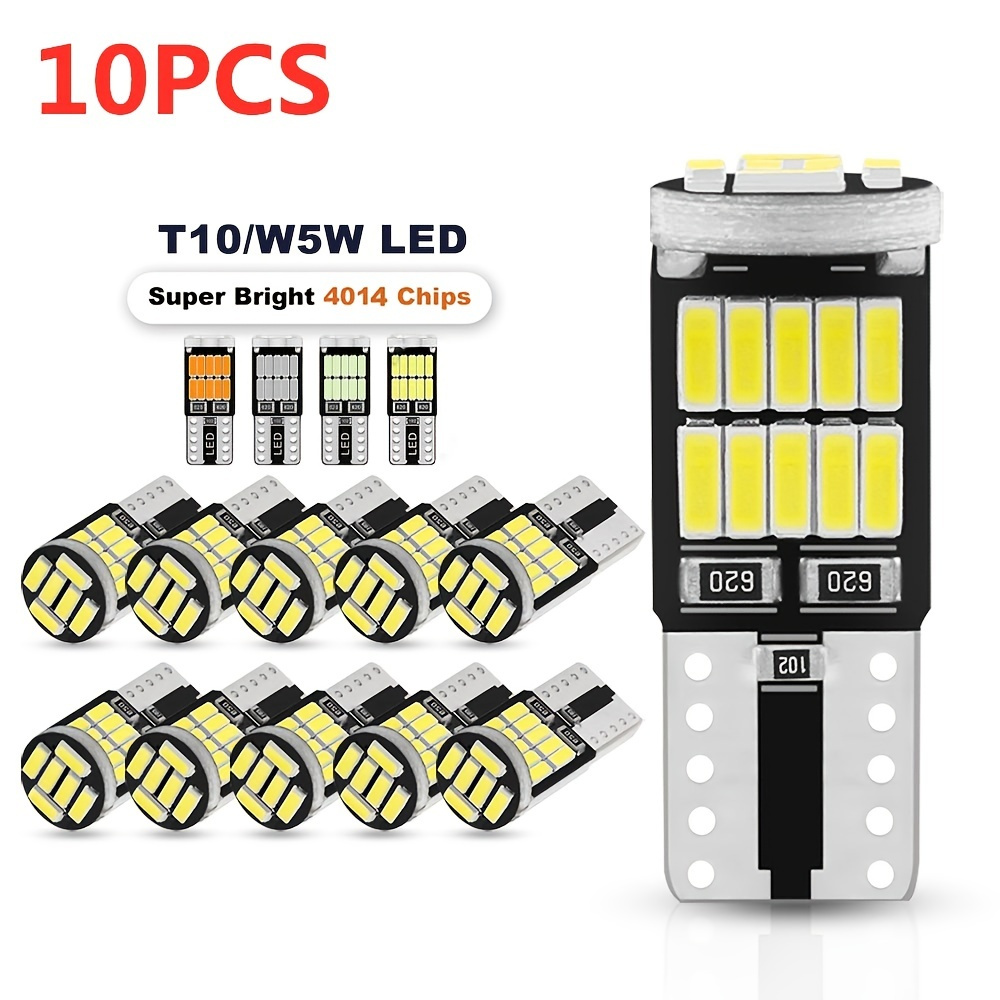 10Pcs W5W T10 LED Bulbs Decoding 4014 26 Light Beads 6000K 168 194 LED Car  Interior Lights Roof Reading Lights For License Plate Signal Parking Width