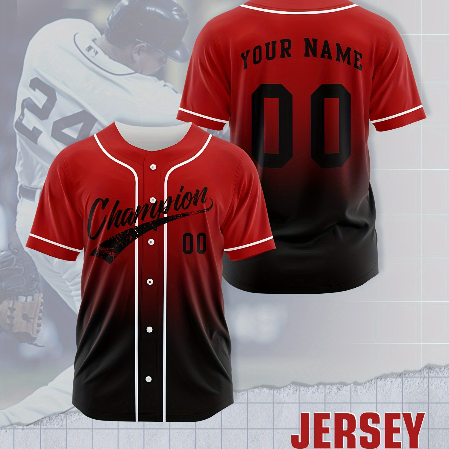 

Customized Name And Number Embroidery, Men's Gradient Color V-neck Baseball Jersey, Comfy Top For Training And Competition