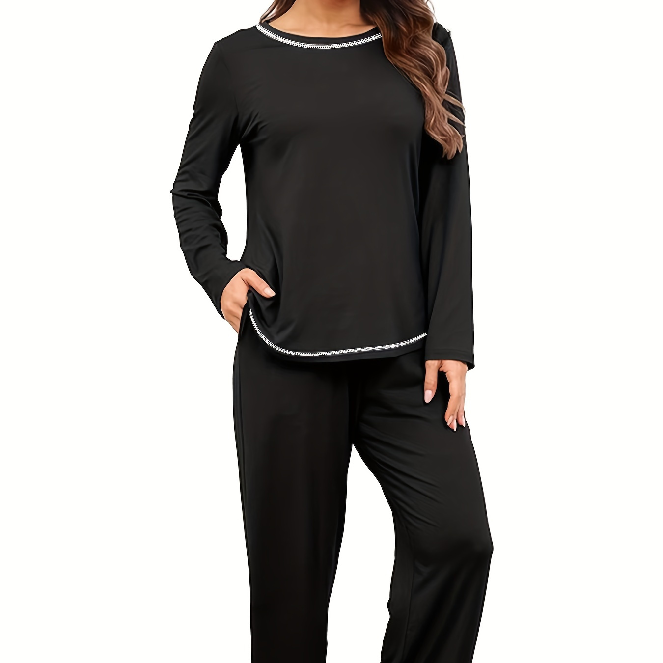 

1 Set Women's Casual Crew Neck Pajama Set - Solid Color Long Sleeve Top With Detail And Long Waist Pants, Soft Knit Polyester Fabric, Comfortable Loungewear For Fall/winter