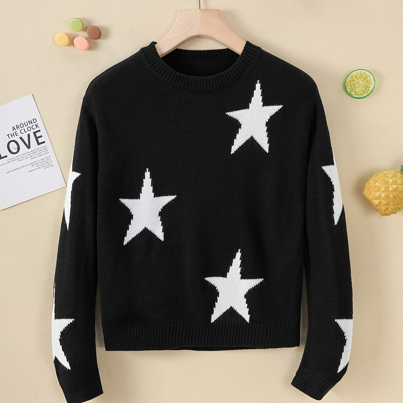 

Stars Pattern Sweater For Girls, Crew Neck Casual Knit Pullover Jumper Top Girls Winter/ Fall Clothing, 1pc