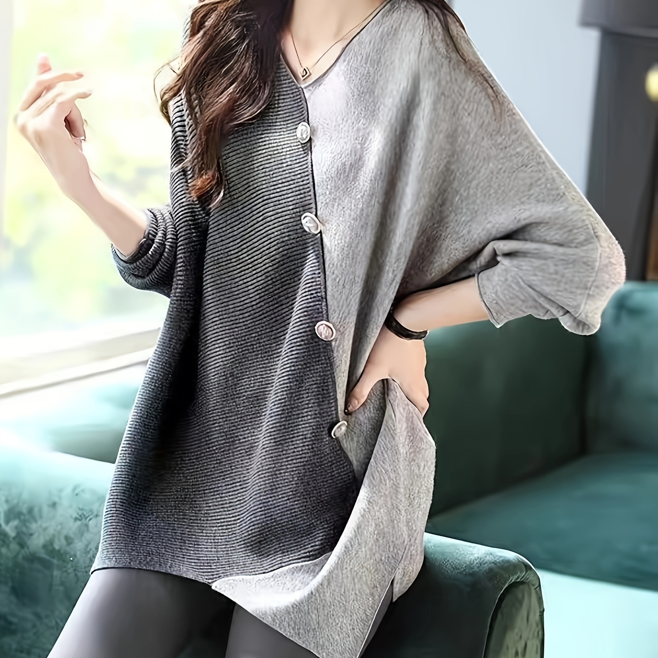 

Elegant V-neck Sweater For Women - Batwing Sleeves, Loose Fit, High Stretch Knit Pullover For Fall/winter