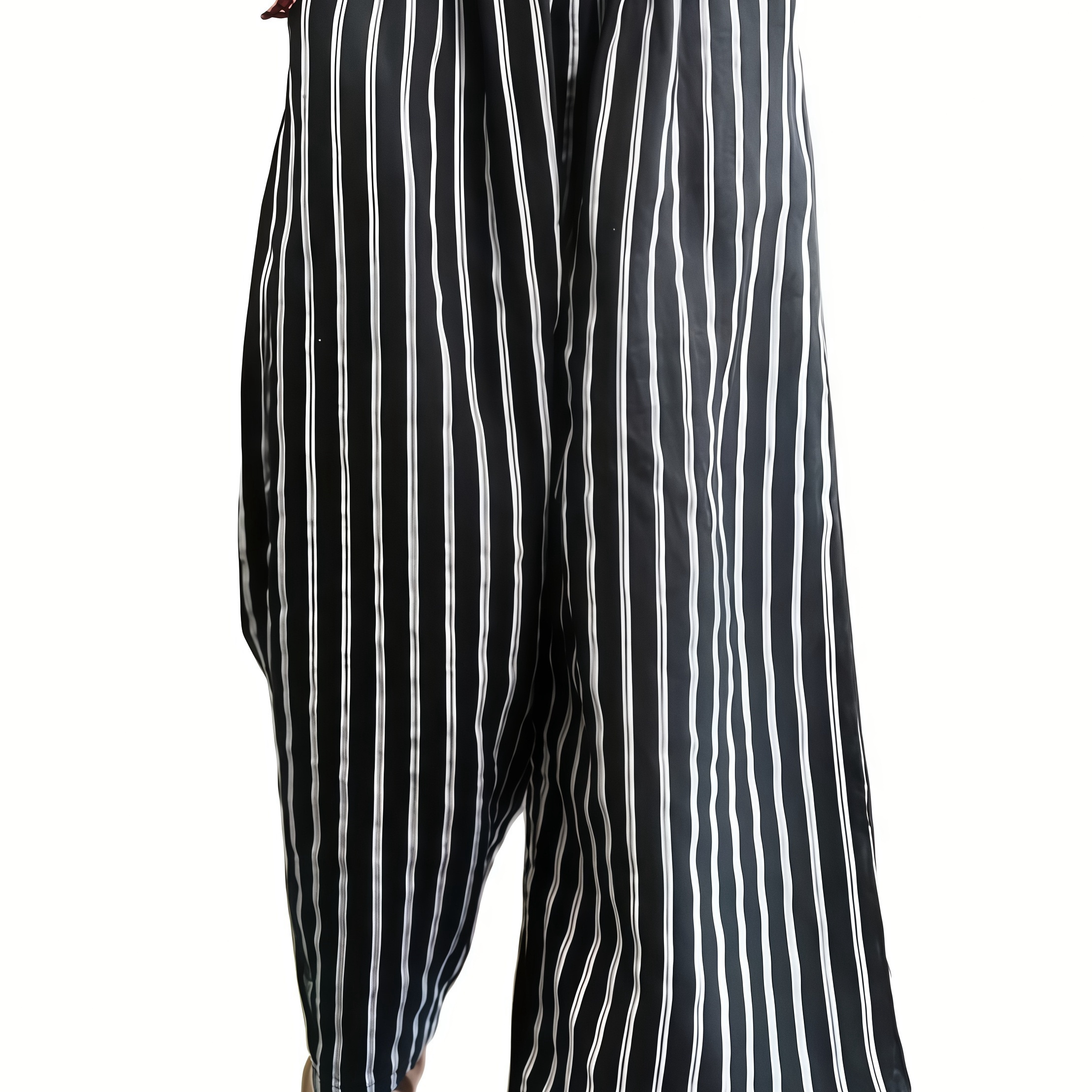 

Women's Casual Striped Wide-leg Pants With Waistband - High-waisted, Flowy Polyester Trousers, Machine Washable, Spring/summer/fall