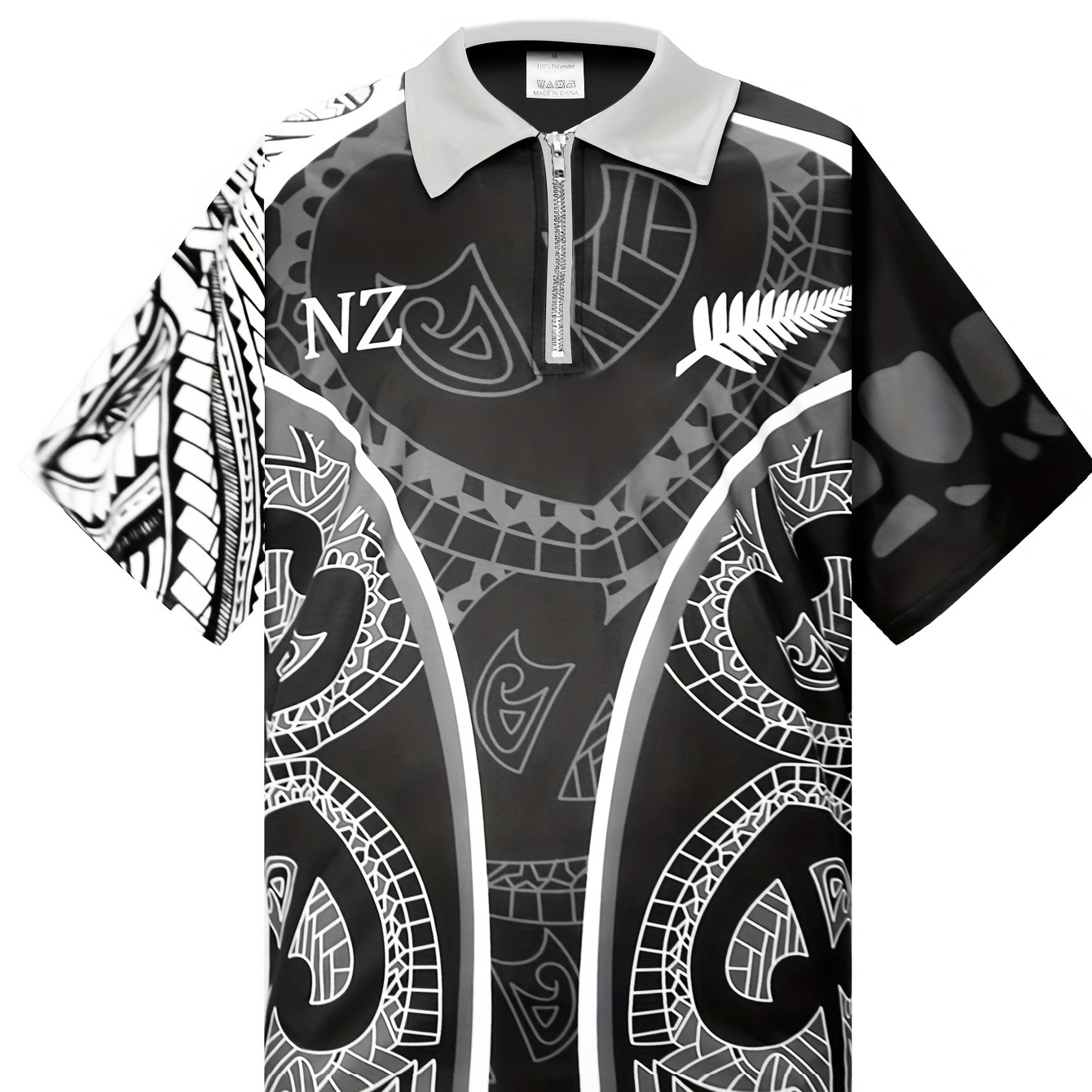 

Men's Trendy New Zealand Maori Tribal Short Sleeve Zip Up Lapel Shirt For Summer Daily, Stylish Zipper Collar Design T-shirt