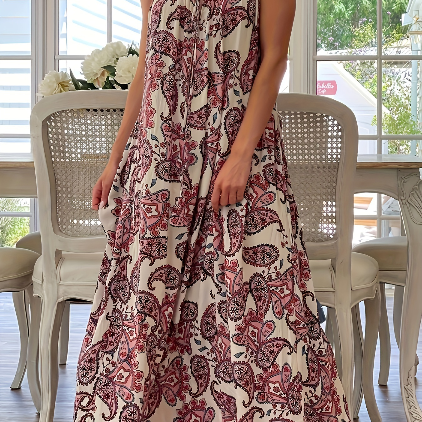 

Plus Size Paisley Print Cami Dress, Vacation Style Tie Neck Long Length Dress For Spring & Summer, Women's Plus Size Clothing