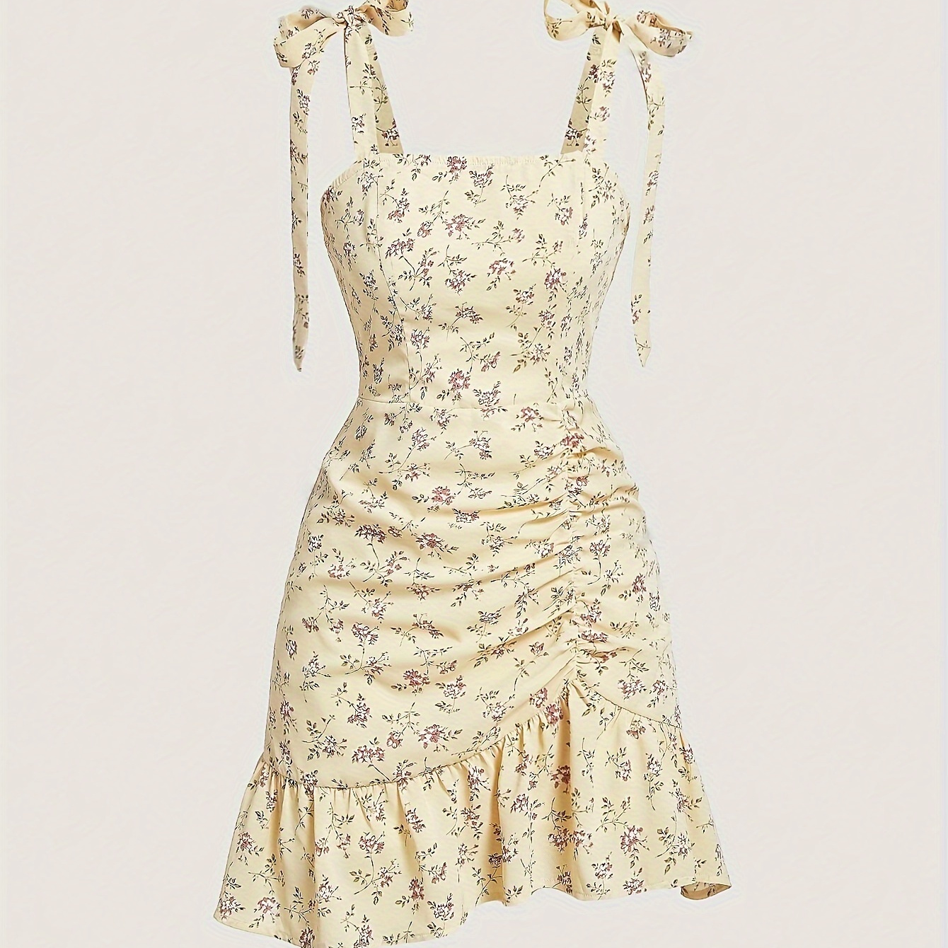 

Floral Print Spaghetti Strap Dress, Elegant Ruffle Hem Ruched Backless Cami Dress, Women's Clothing