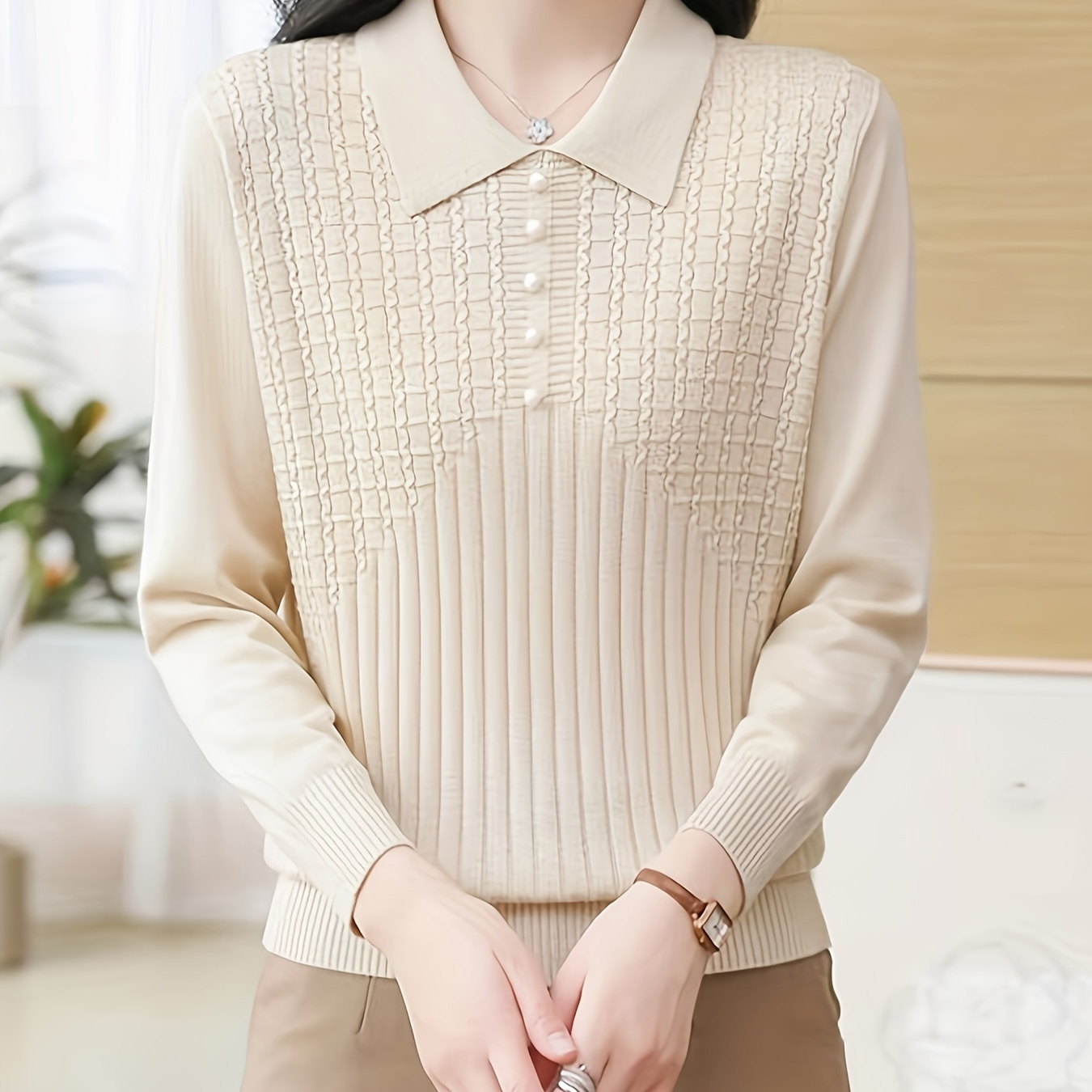 

Chic Polyester Knit Pullover Sweater - Women's Fall/winter Solid Color Fake Button Detail With Lapel Collar - Elegant Long Sleeve Knitted Top