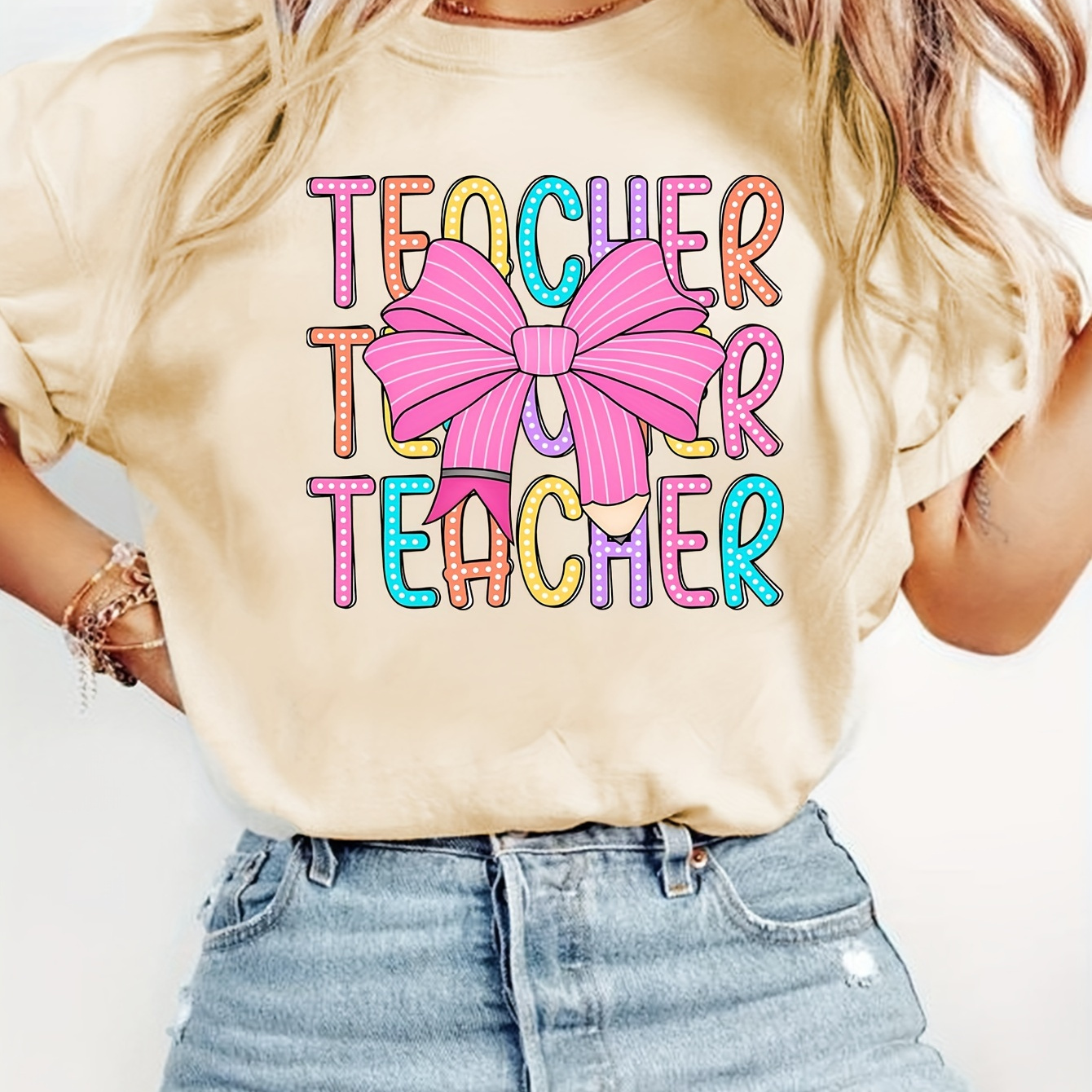 

Chic Teacher's Day Butterfly Print T-shirt - Women's Comfy Casual Short Sleeve Crew Neck Top,