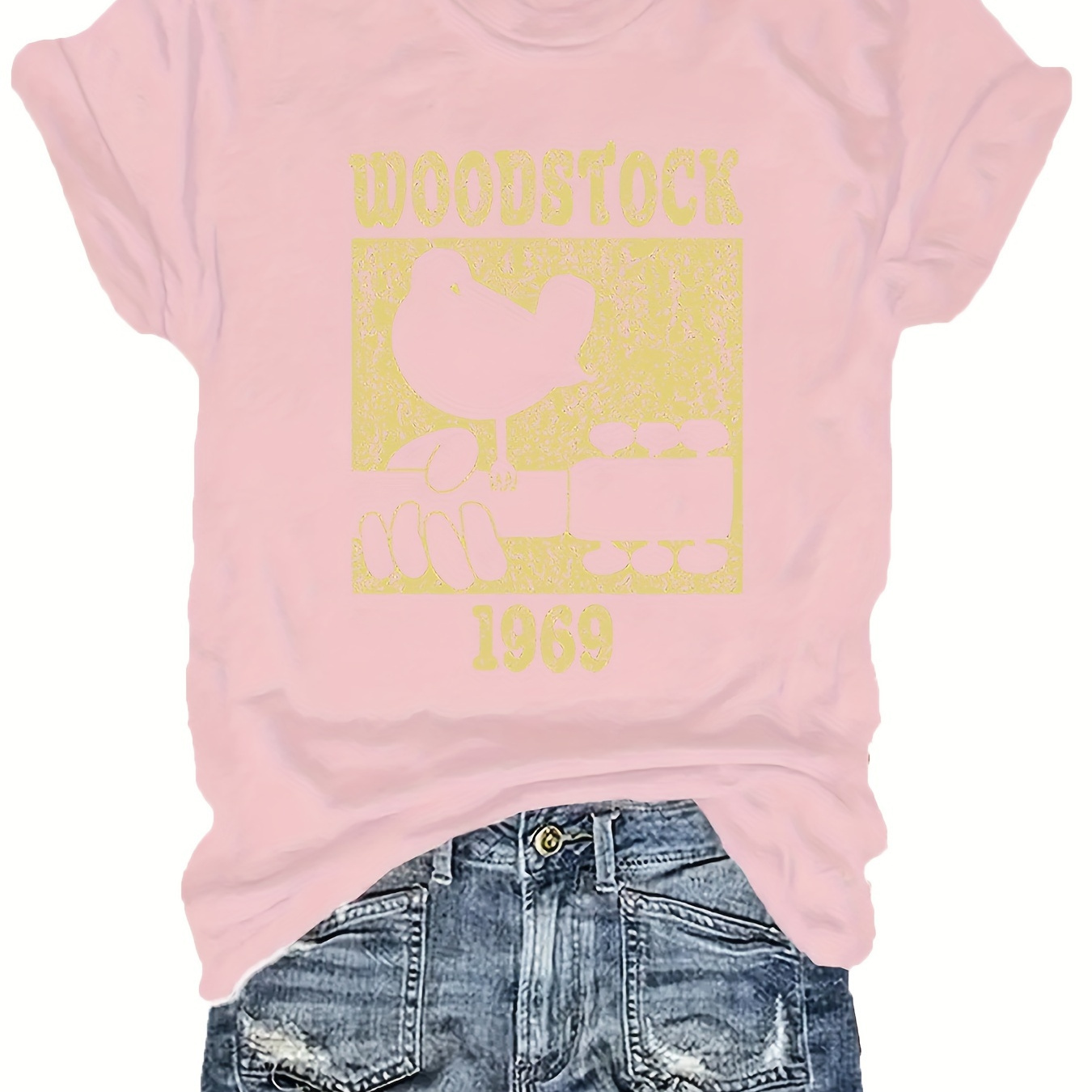 

T-shirt Woodstock à imprimé lettres grande taille, T-shirt décontracté à col rond et manches courtes, Vêtements grande taille pour femmes