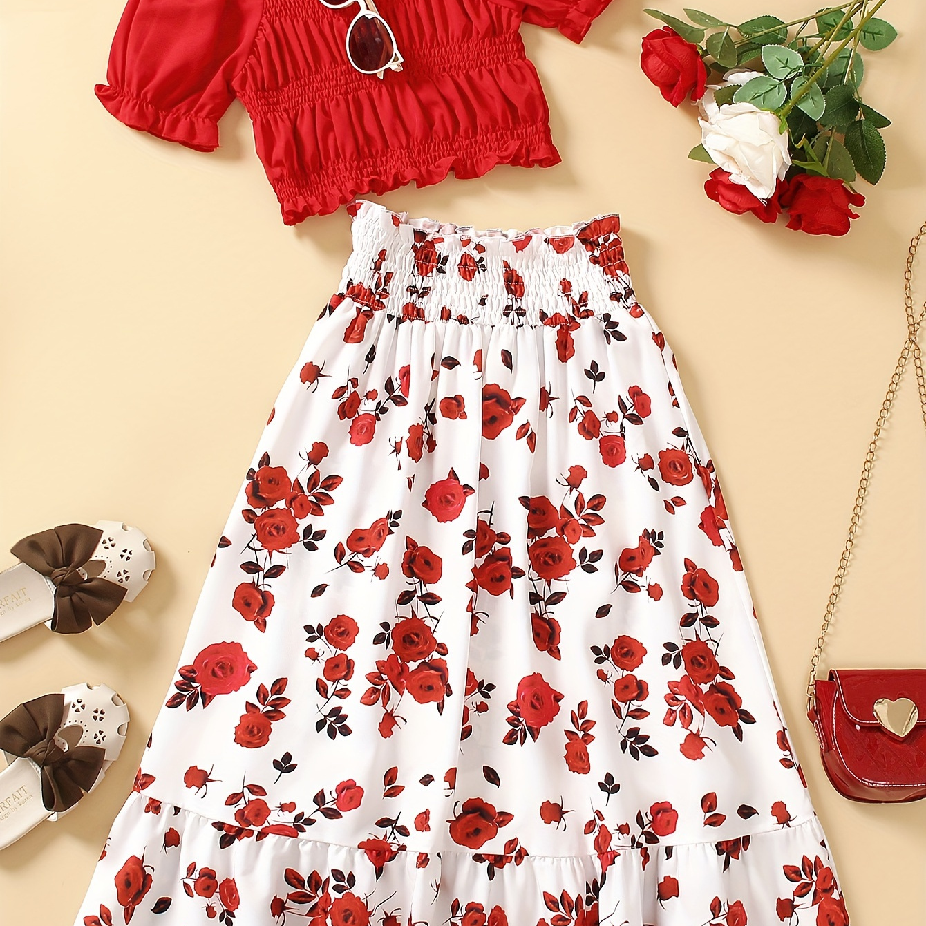 

2pcs Elegant Girls Solid Puff Short Sleeve Top + Flora Skirt Set For Summer Birthday Gift Party