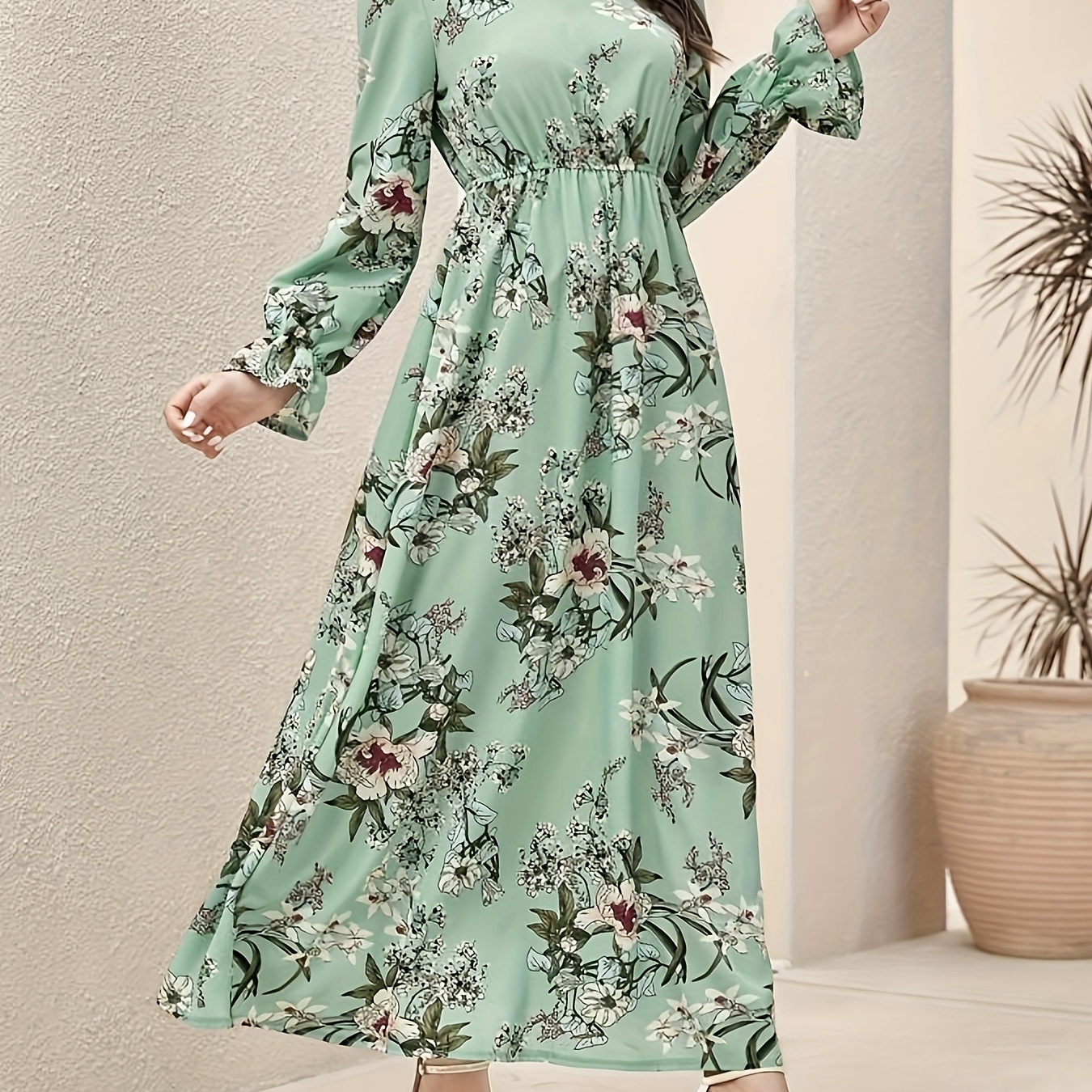 

Floral Print Cinched Waist Dress, Elegant Ruffle Sleeve A-line Dress, Women's Clothing