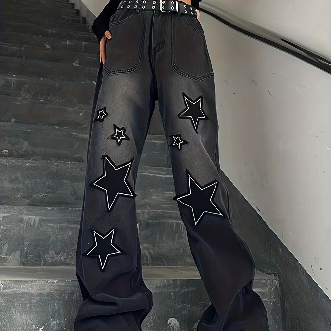 Jeans Sueltos Parche Estrella Pantalones Mezclilla Oscura - Temu Mexico