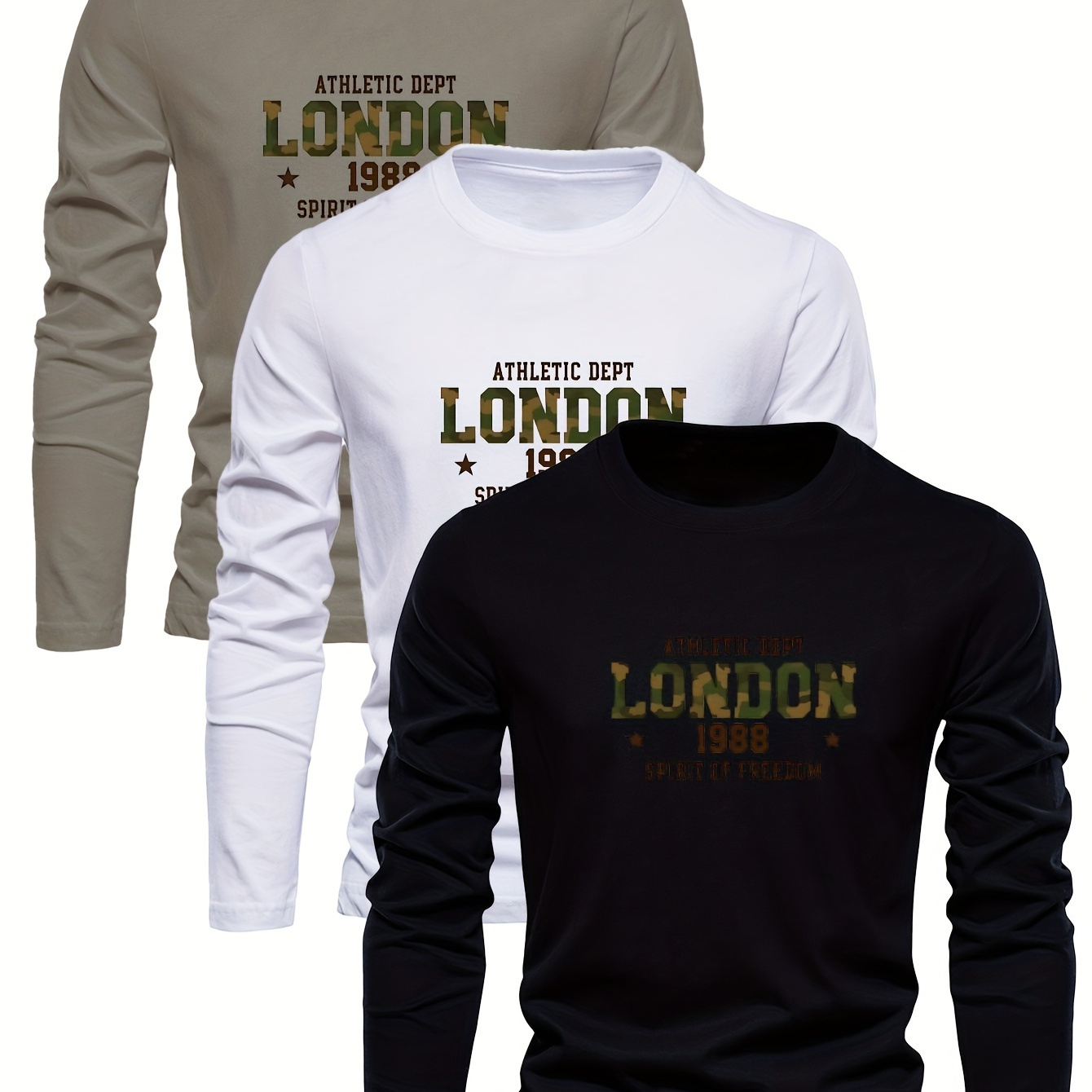 

Men's 3-pack 100% Cotton Long Sleeve T-shirts, Casual London 1988 Print, Soft Knit Fabric, Round Neck, Regular Fit, For Leisure Outings