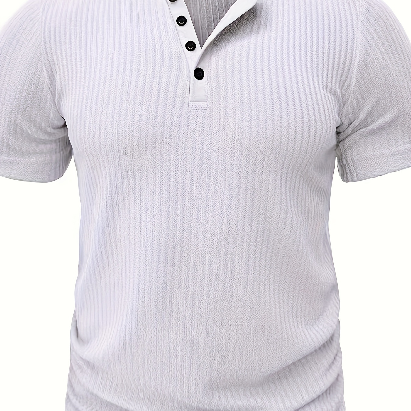 

Solid Stripe Pattern Knit Short Sleeve T-shirt With Henley Neck, Chic And Stylish Sports Tops For Men's Summer Leisurewear And Outdoors Activities