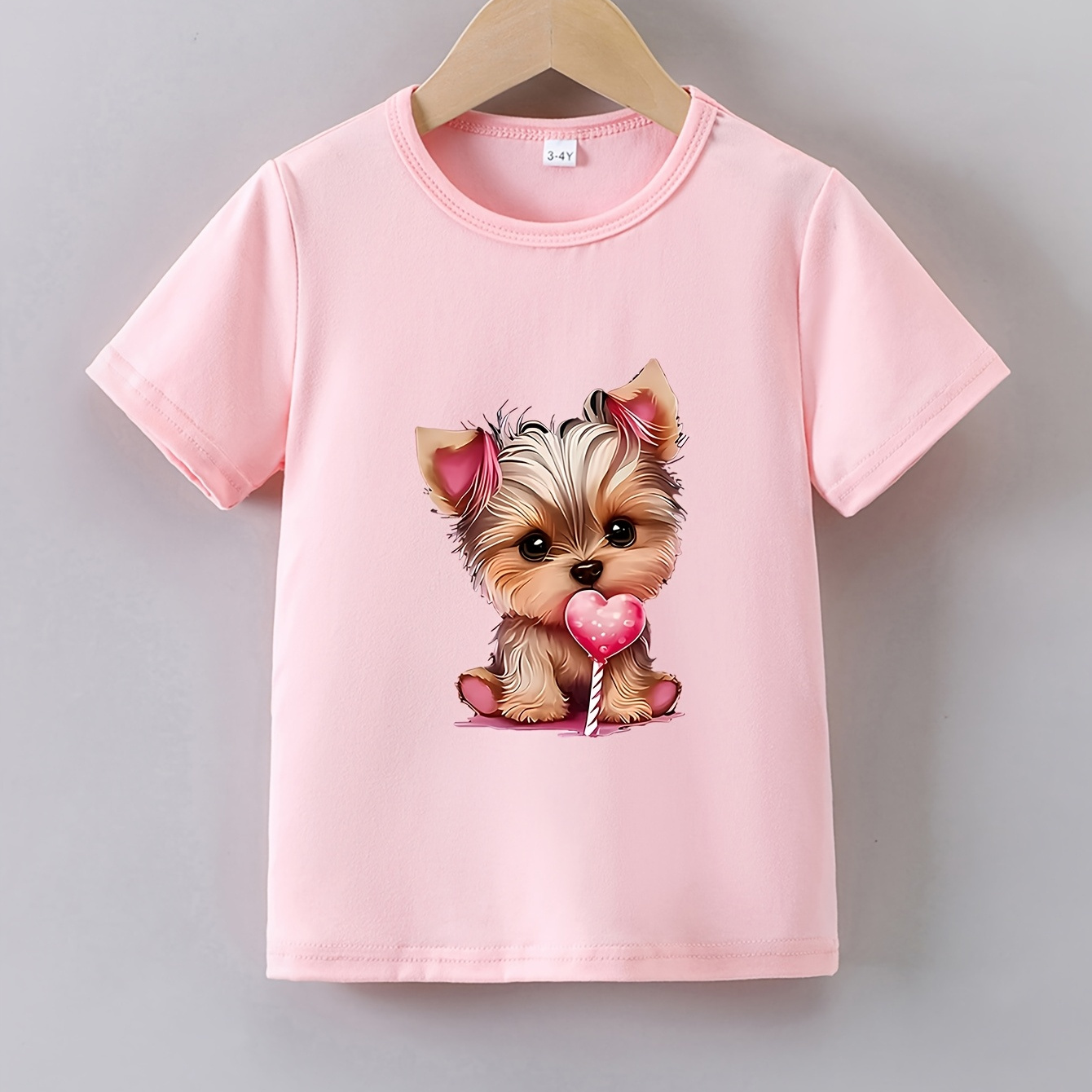 

Adorable Puppy & Candy Print Girls' T-shirt - Soft Polyester , Stretchy Spandex, Casual Summer Top With Round Neck