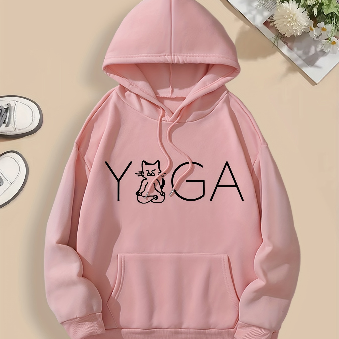 

Cats And Yoga: Relaxed Hoodie With Letter Print, Fall/winter Season, Pocket Detail, And Polyester Fabric