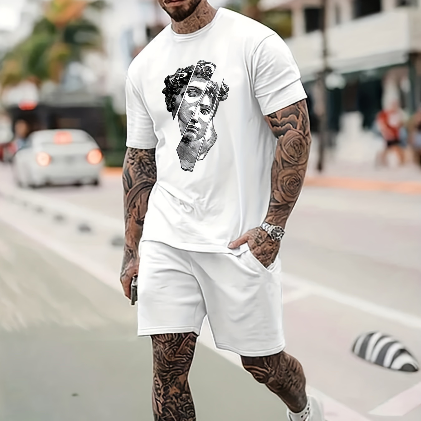 Smile Face Print Men's Outfits Casual Crew Neck Collar Short - Temu