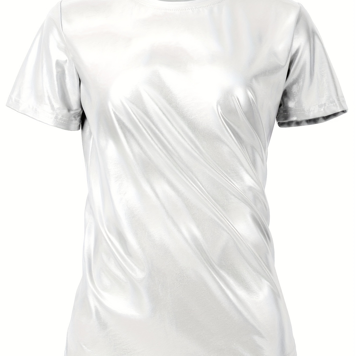 

Glossy Slim Crew Neck T-shirt, Chic Short Sleeve T-shirt For Spring & Summer, Women's Clothing