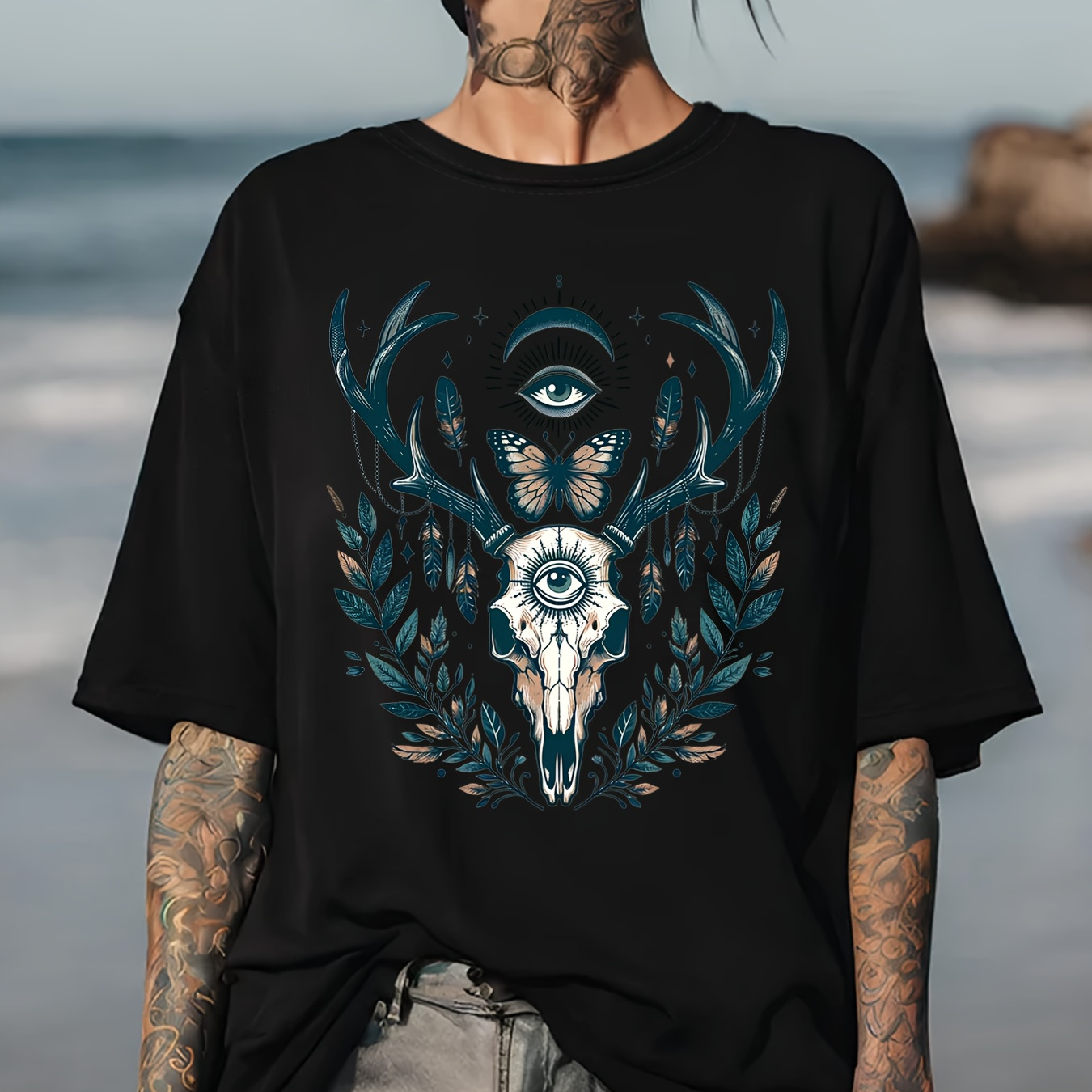 

Plus Size Cow Head Print T-shirt, Casual Crew Neck Short Sleeve T-shirt, Women's Plus Size clothing