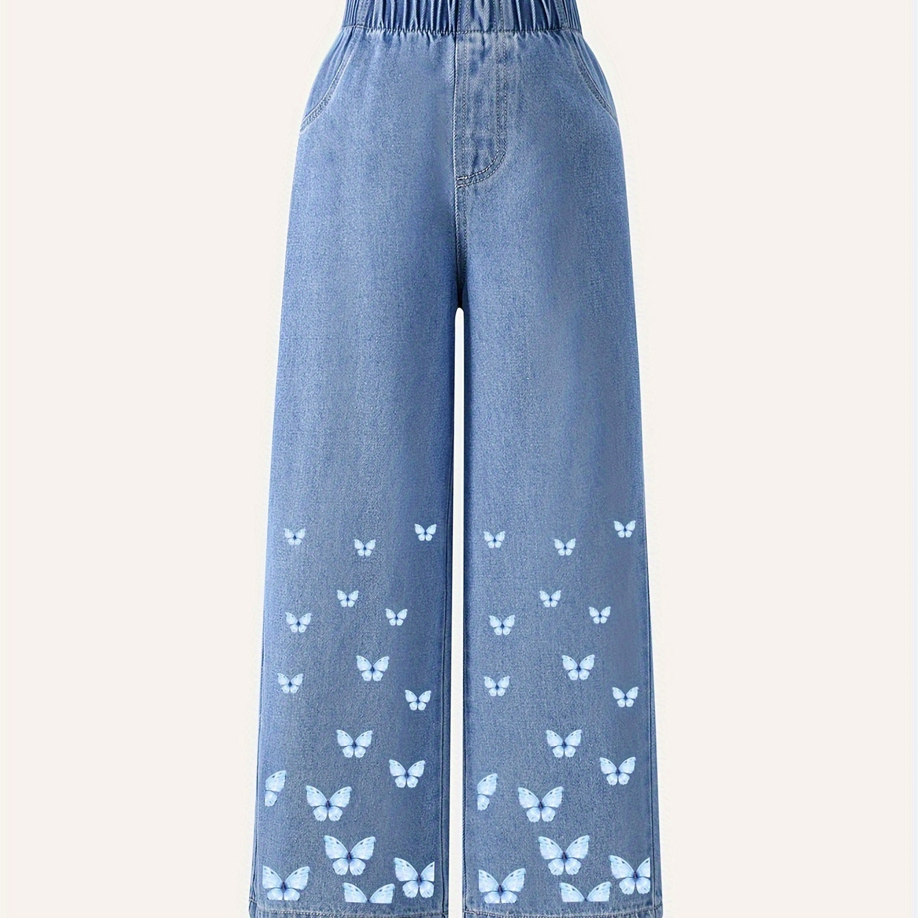 

Girls Preppy Butterflies Graphic Wide-leg Jeans, Casual Street Style Straight Loose Jeans