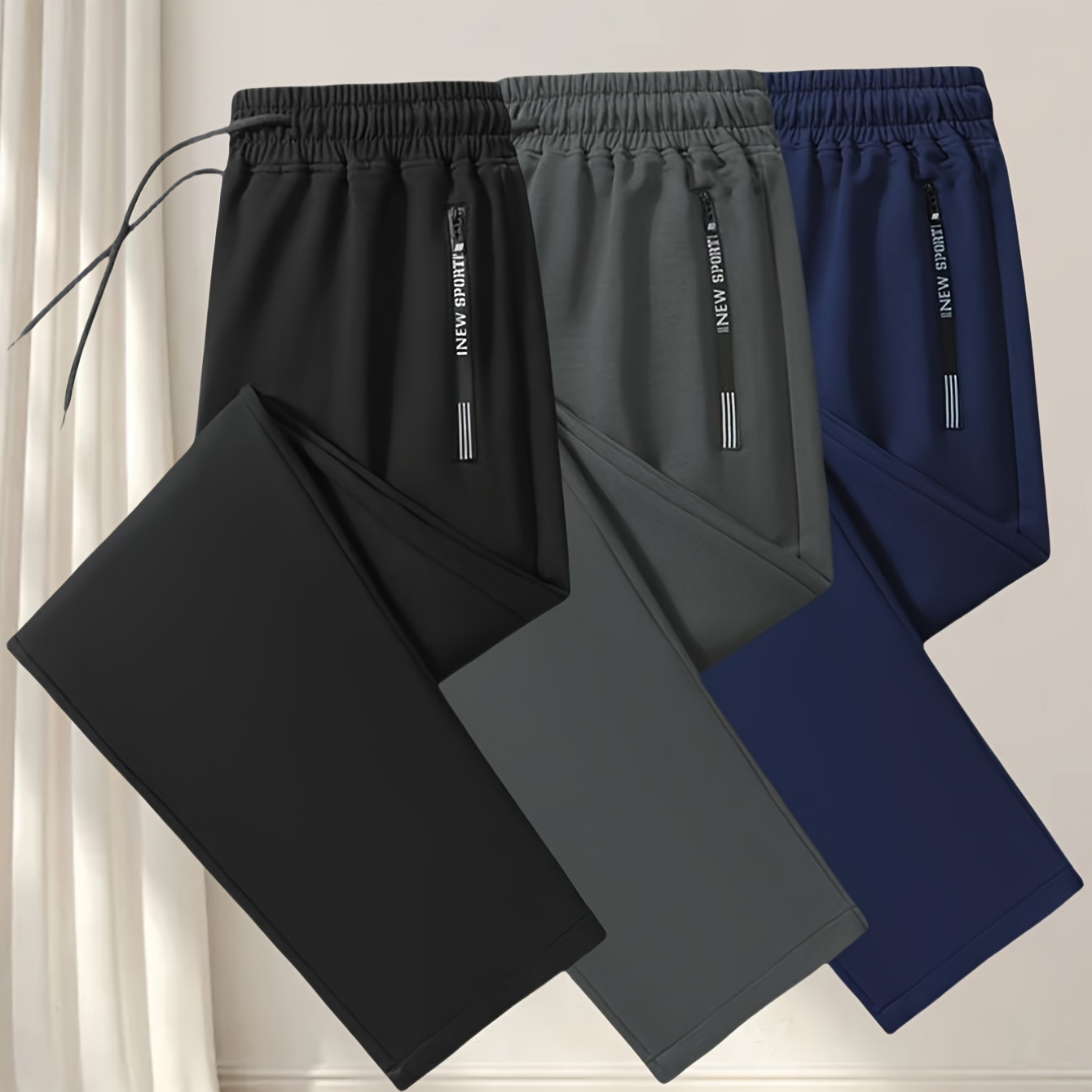 

Men's 3-pack Polyester Athletic Pants With Pockets, Drawstring Waist, Solid Color Regular-fit Sweatpants For Spring/fall - 95% Polyester, 5% Elastane Non-stretch Fabric, Casual Weekend Joggers