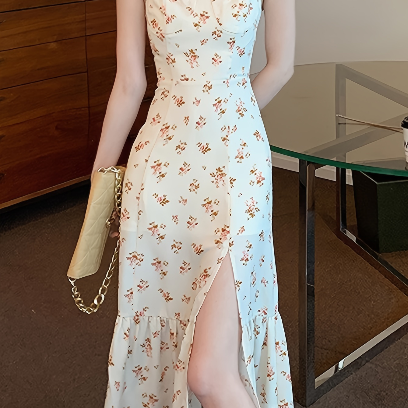 

Floral Print Split Hem Bodycon Dress, Elegant Square Neck Short Sleeve Dress For Spring & Summer, Women's Clothing