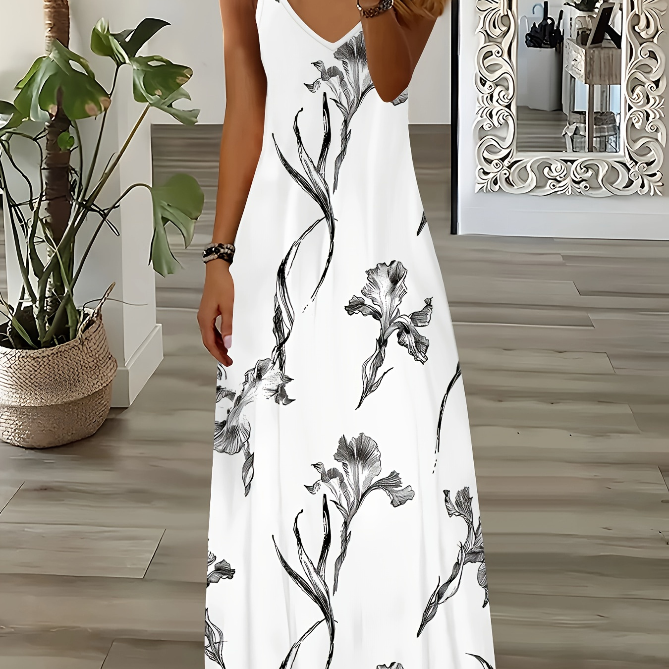 

Robe Maxi Manches à Imprimé Floral et Col en V pour Femme - Polyester Léger, Parfaite pour les Vacances, Lavable en Machine, Robes Décontractées pour les Vacances