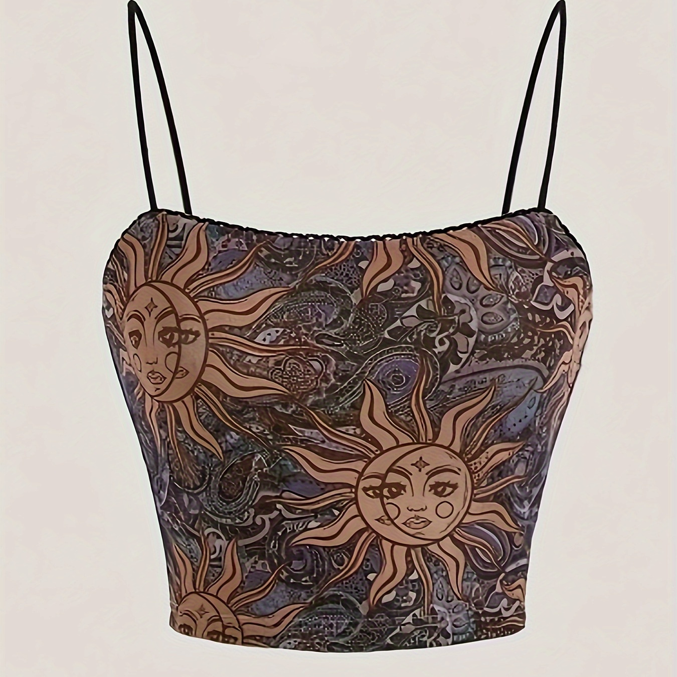 

Sun & Moon Print Backless Crop Cami Top, Vintage Sleeveless Spaghetti Strap Slim Top, Women's Clothing