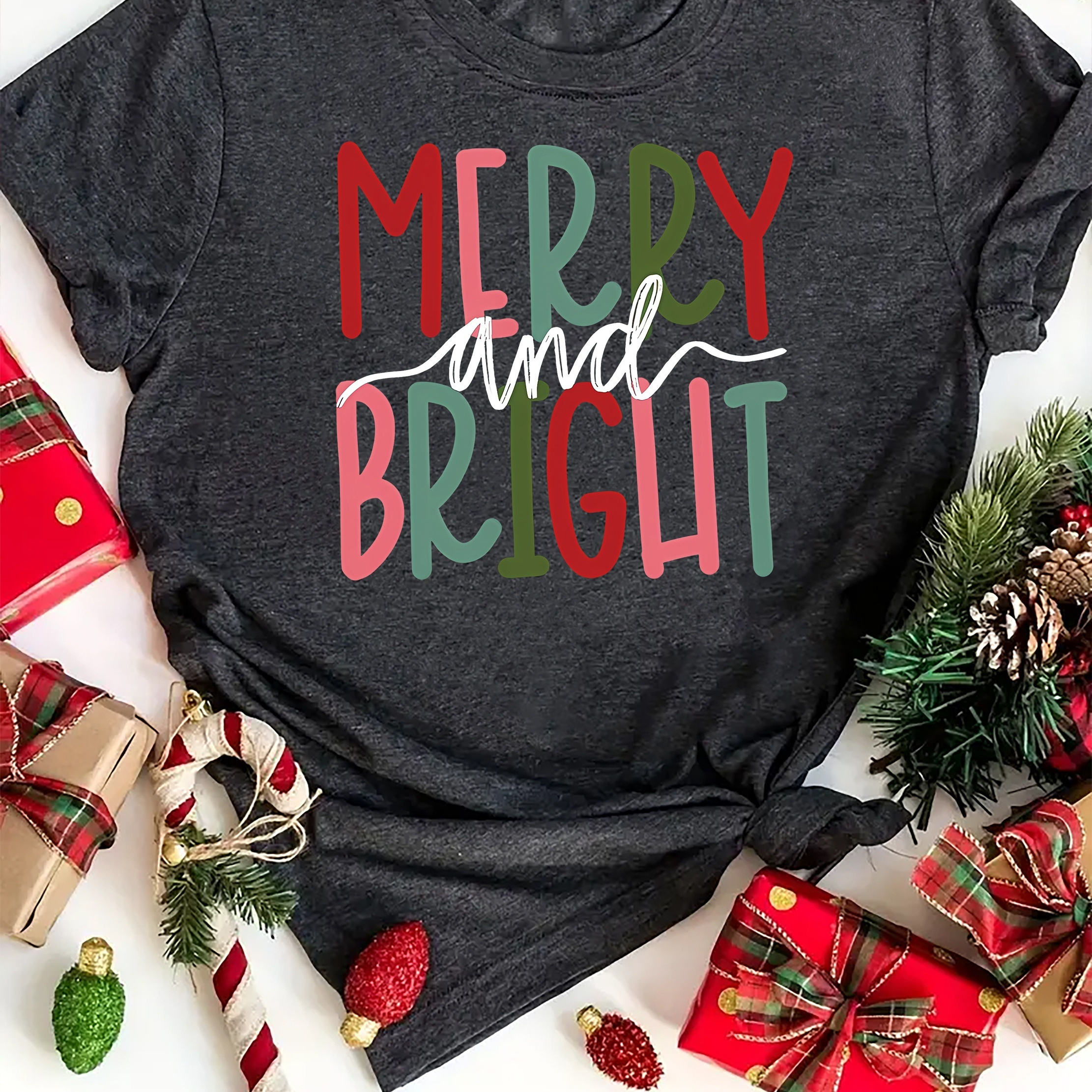 

Merry & Bright Print T-shirt, Casual Short Sleeve Top For Spring & Summer, Women's Clothing