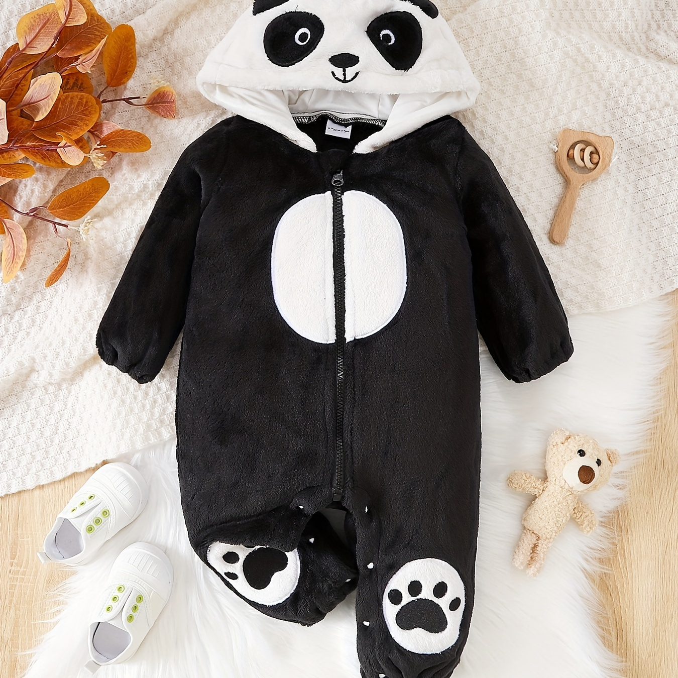 Cute Panda Shape Embroidered Long Sleeve Creeper Fleece Zip - Temu Germany