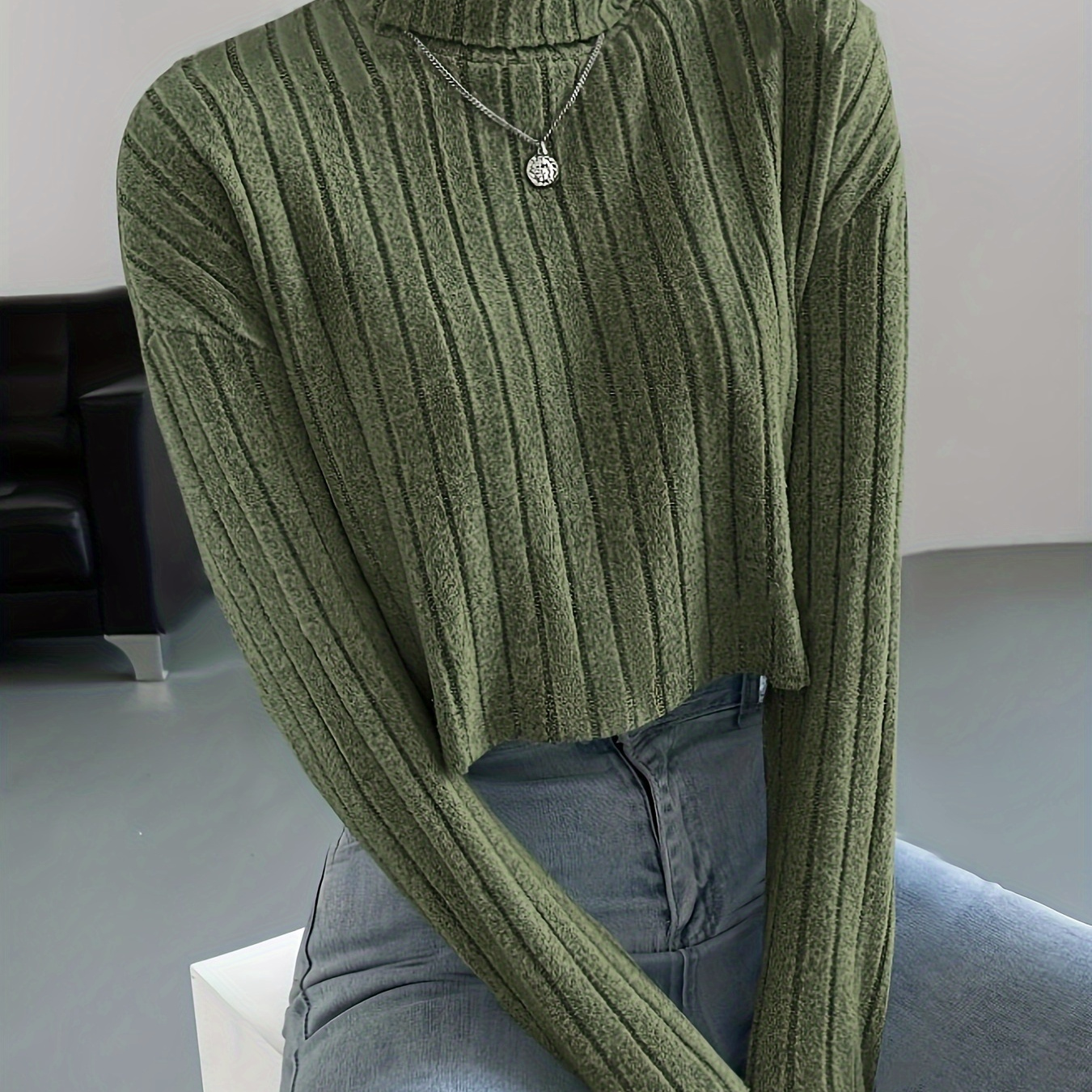 

Women's Ribbed Turtleneck Top - Long Sleeve, Stretchy Polyester ,