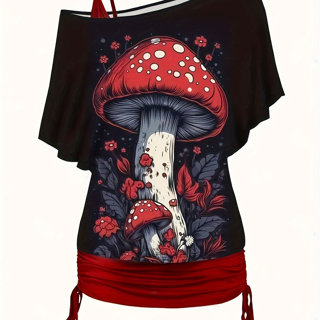 

Mushroom Print Chic Set, Drawstring Gathered V Neck Cami Top & Slant Neck Flounce Sleeve T-shirt, Women's Clothing