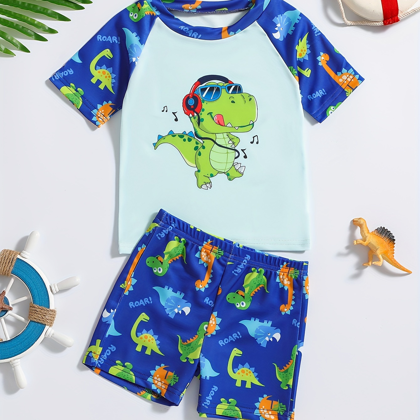 

2-piece Boys Dinosaur Swimsuit, Raglan Sleeve T-shirt And Shorts Set Elastic Summer Beach Vacation Children's Swimsuit