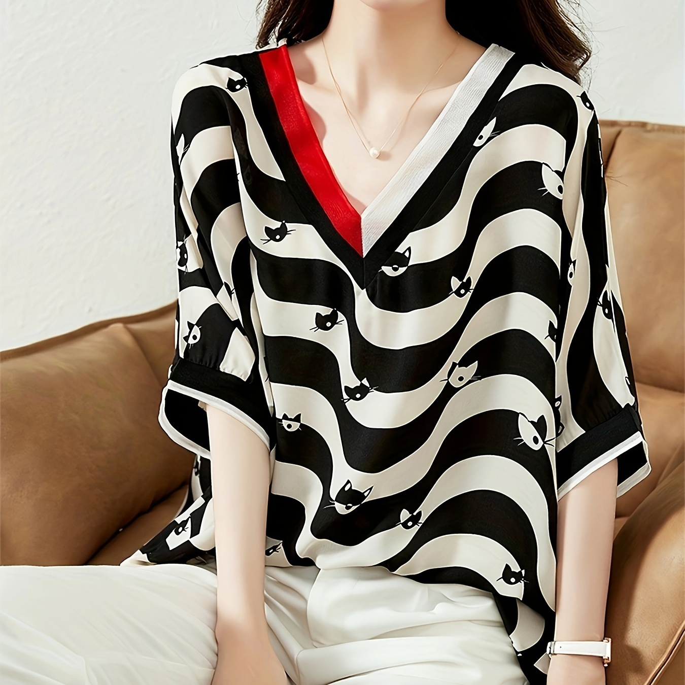 

Cat Print Color Block Blouse, Chic V Neck Asymmetrical Striped Half Sleeve Blouse For Spring & Summer, Women's Clothing