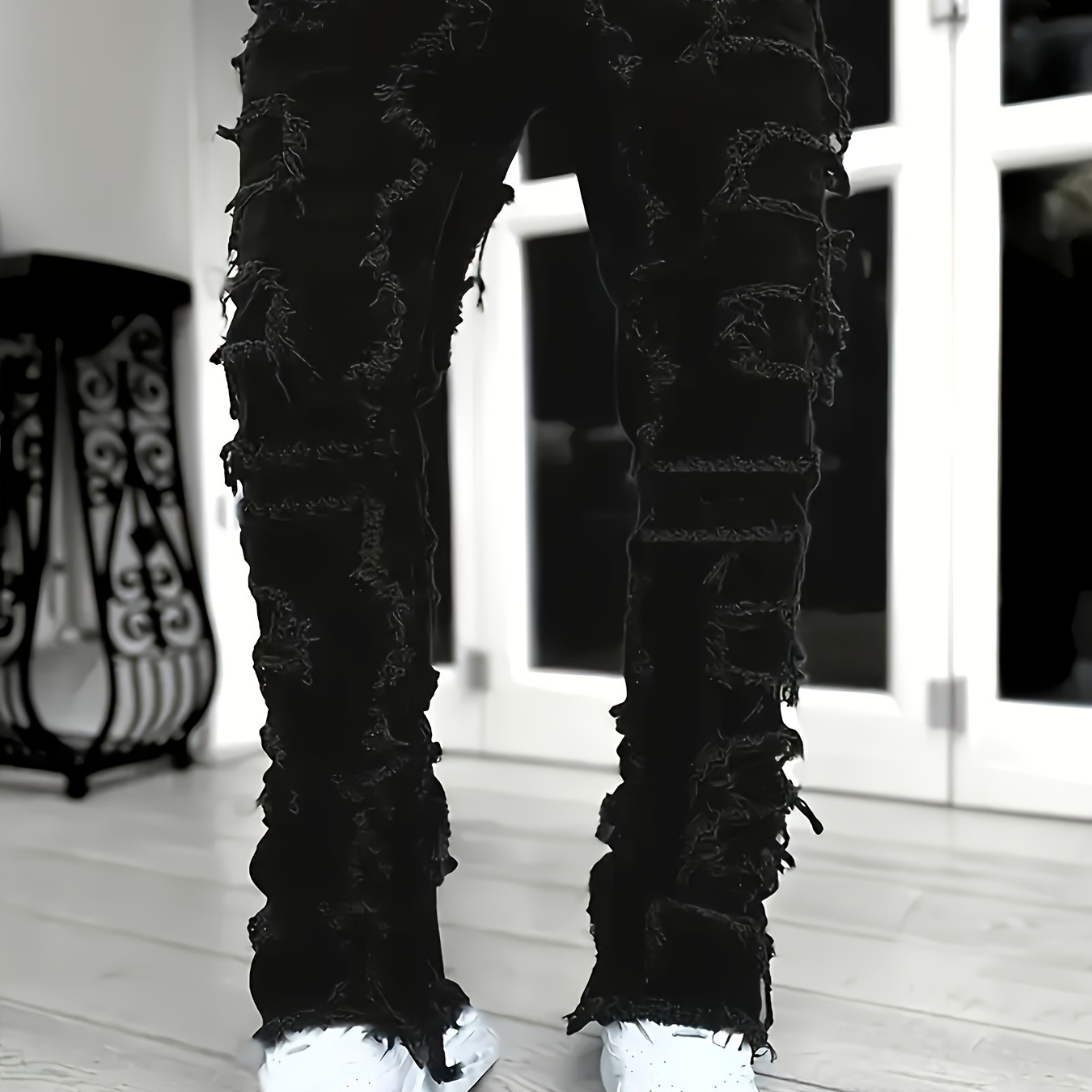 

Men's Creative Tassel Straight Leg Jeans, Men's Casual Medium Stretch Street Style Hip Hop Barrel Jeans For All Seasons