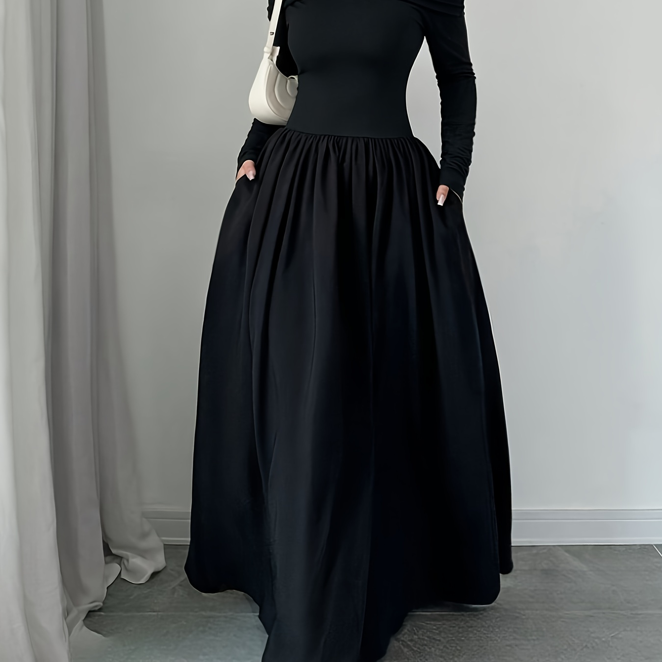 

Off Shoulder Solid Color Dress, Elegant Long Sleeve Maxi Dress For Spring & Fall, Women's Clothing