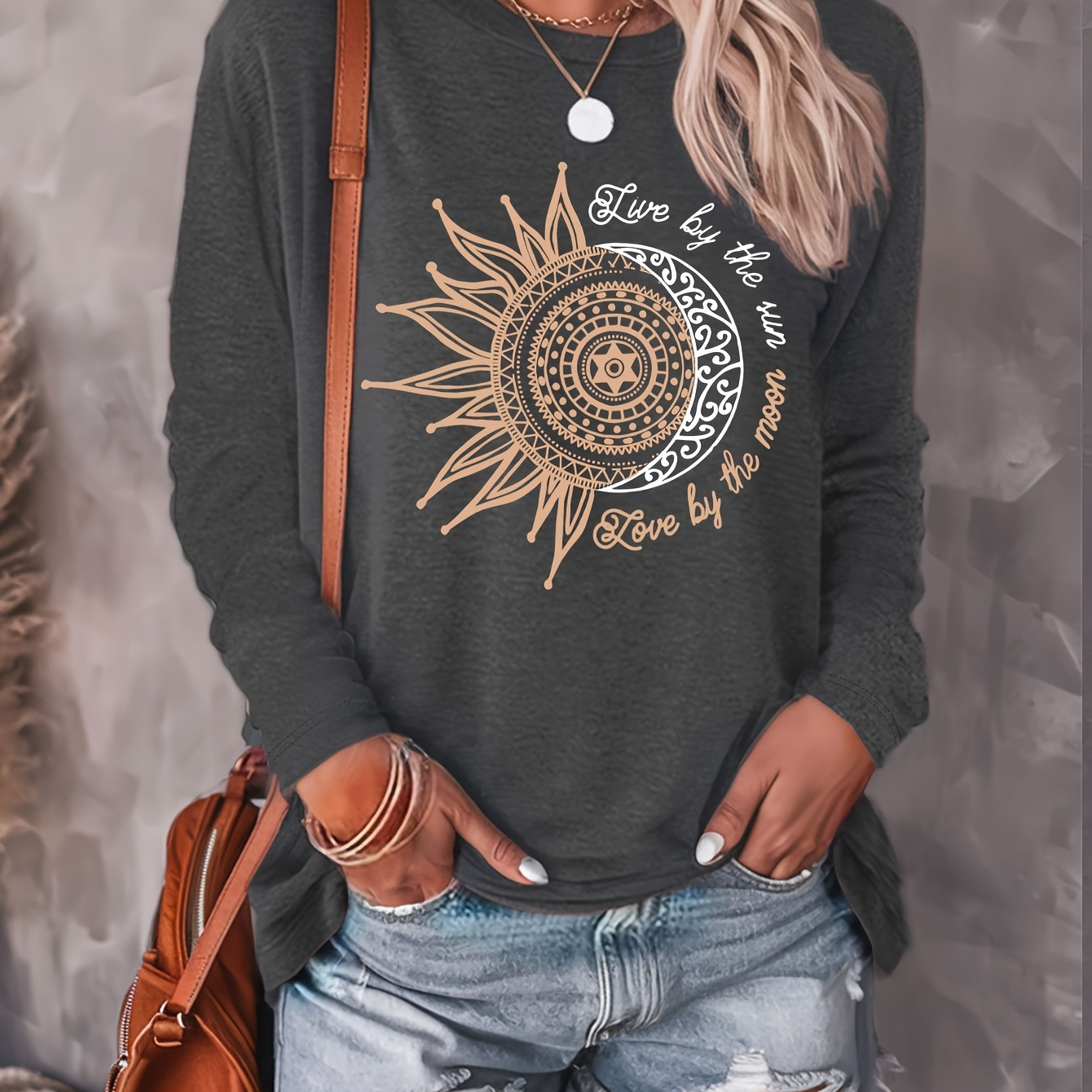 

T-shirt imprimé Soleil & Lune, Haut décontracté à manches longues col rond pour le printemps et l'automne, Vêtements pour femmes