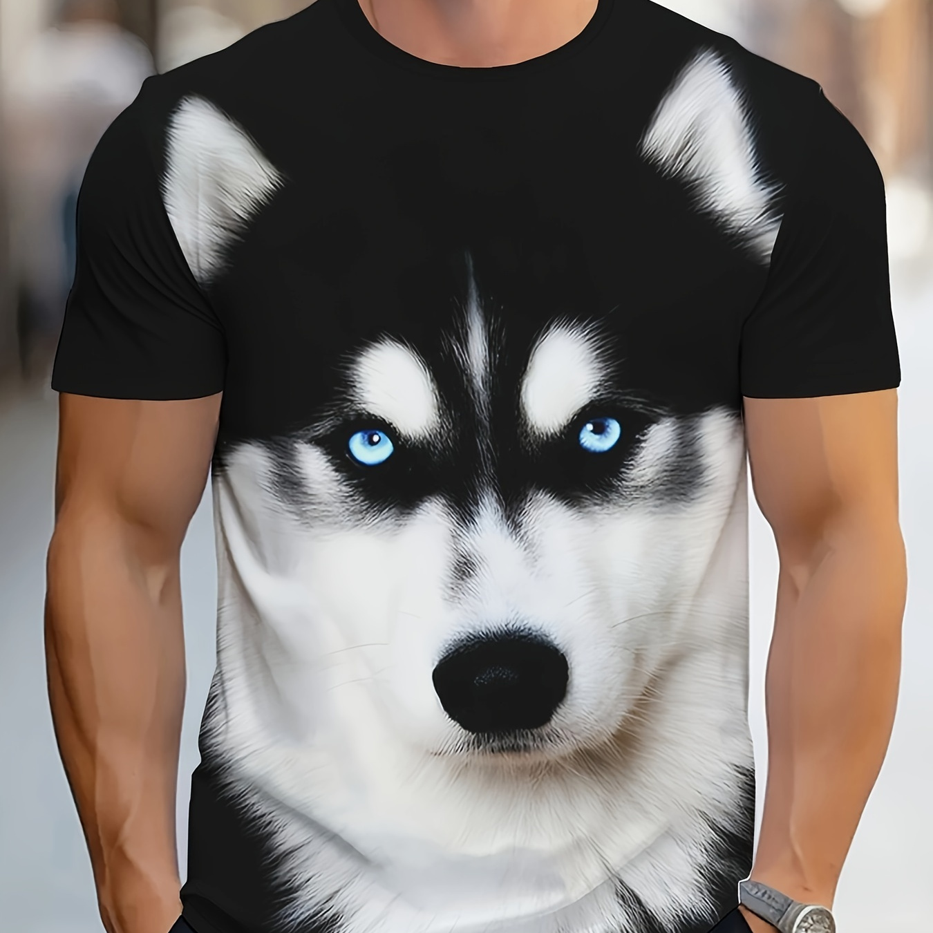 

Men's Casual Streetwear T-shirt With Husky Face Print - Polyester, Round Neck, Short Sleeve, Motorcycle Style, Black & White