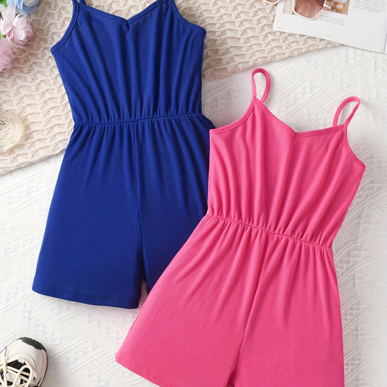 

Girls 2-piece Solid Colored Cami Rompers For Spring & Summer, Girls Stylish & Casual High Stretch Clothes