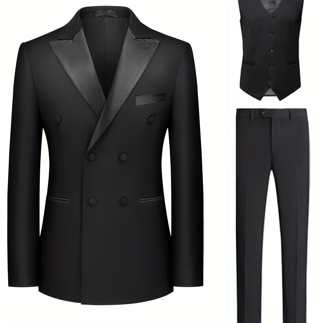 Formal 3 Pieces Set, Men's Double Breasted Suit Jacket & Elegant Vest & Dress Pants Suit Set For Business Dinner Wedding Party