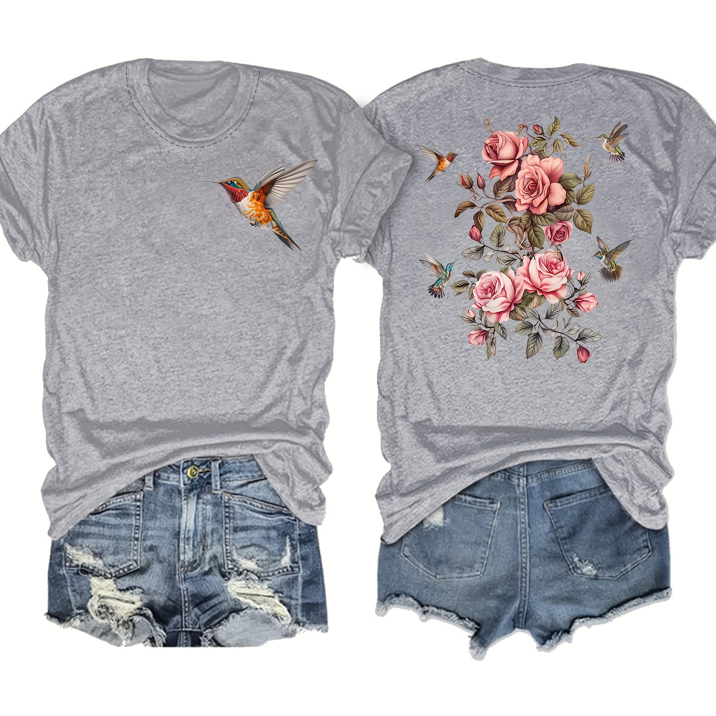 

Floral & Bird Print T-shirt, Short Sleeve Crew Neck Casual Top For Summer & Spring, Women's Clothing