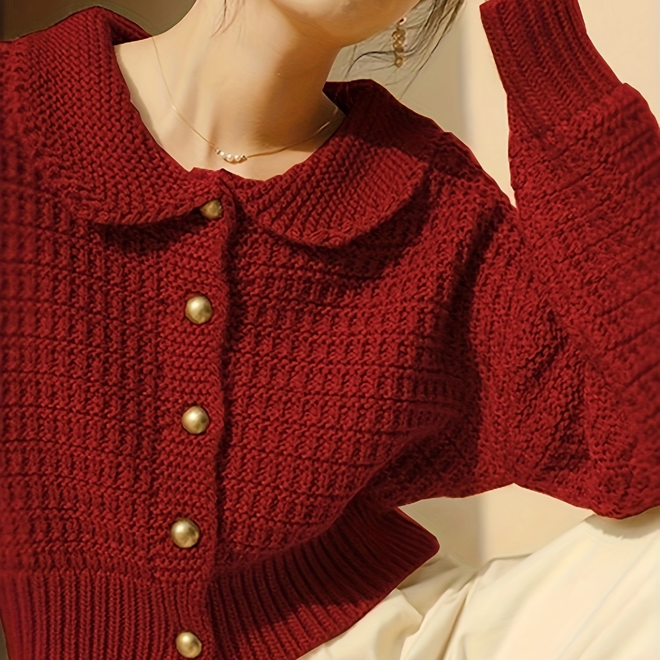 

Bouton Cardigan en Tricot Solide Devant, Cardigan Vintage à Manches Longues, Vêtements pour Femmes