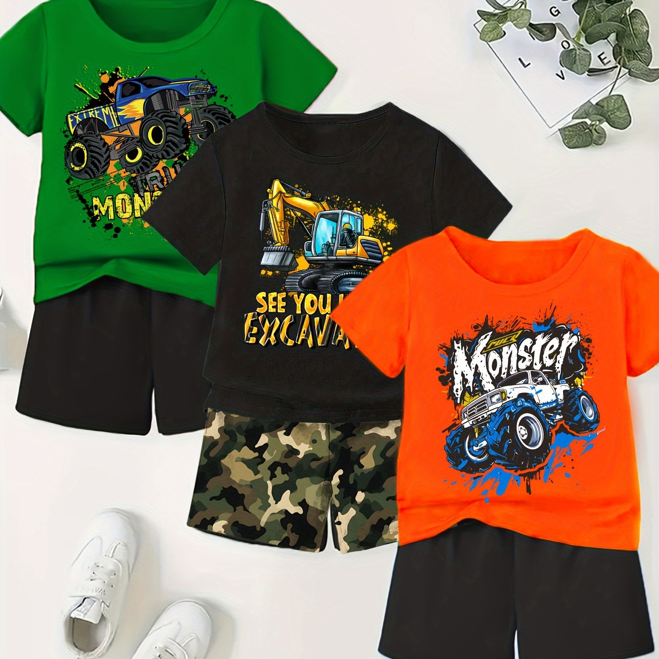 

3sets/6pcs Boy's Monster Truck + Excavator + Monster Car Graphic Short Sleeve T-shirt + Shorts Co-ord Set, Casual Comfy Summer Clothing As Gift