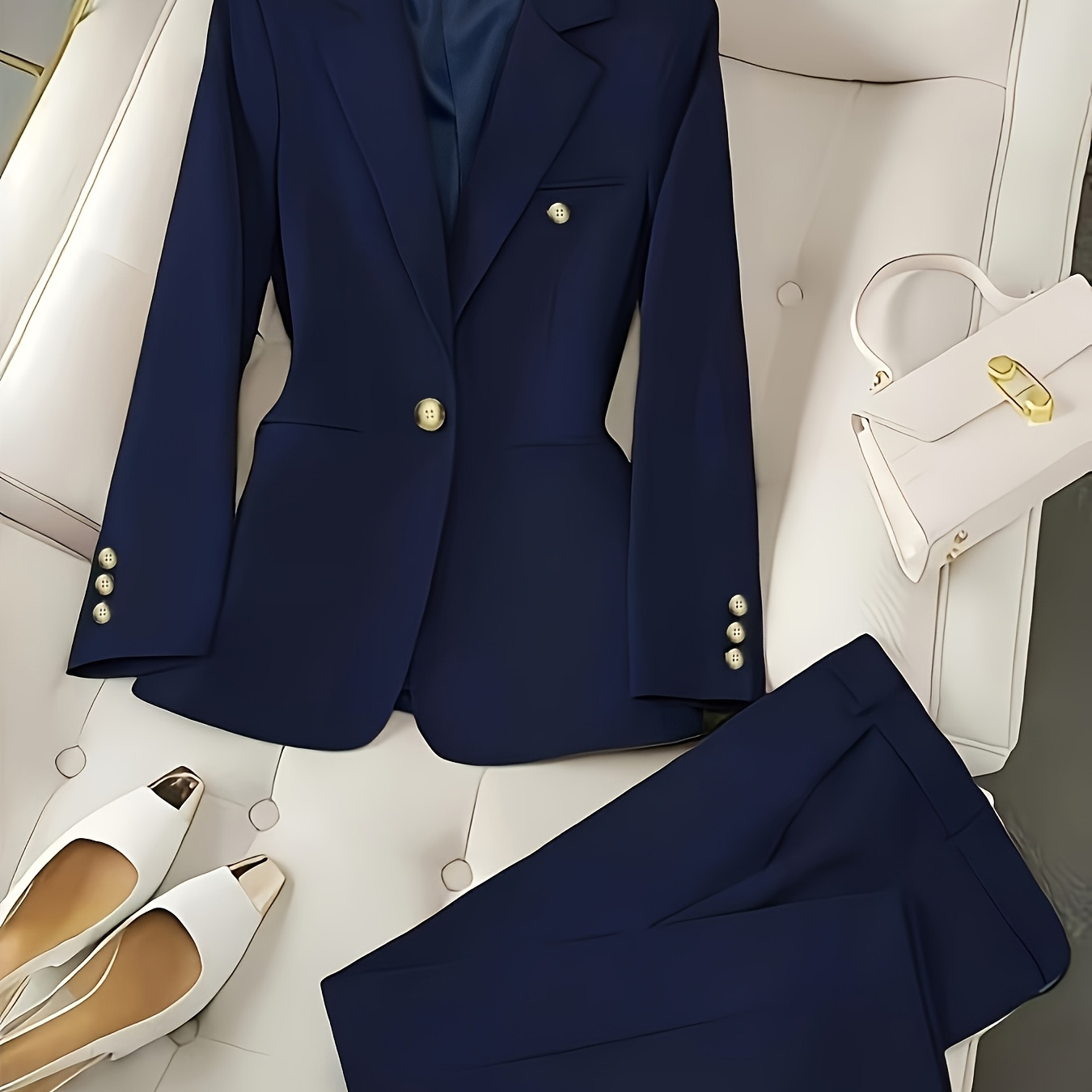 TEMU Women's Casual Western Fit Solid Color High-end Double-breasted Suit Set, Autumn Workplace Commuter Blazer + Pants Two-piece Set