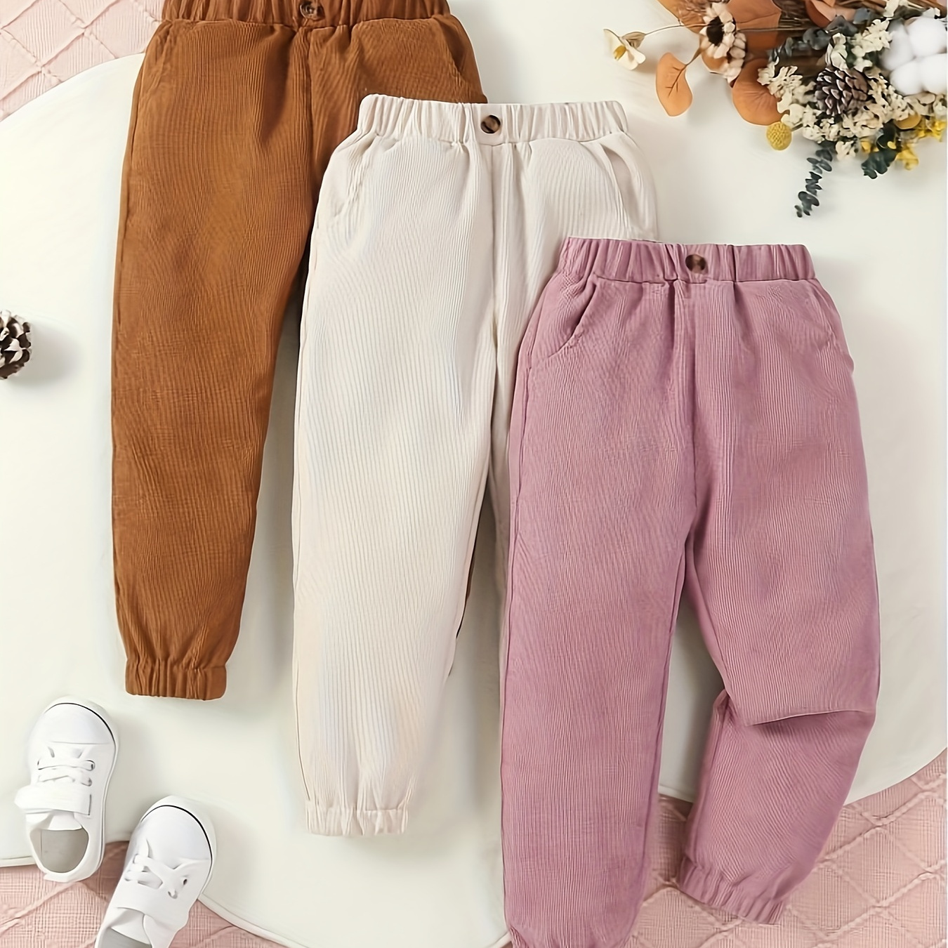 

Girls 3pcs/set Casual & Plain Solid Colored Ribbed Pants With Pockets For Spring & Fall