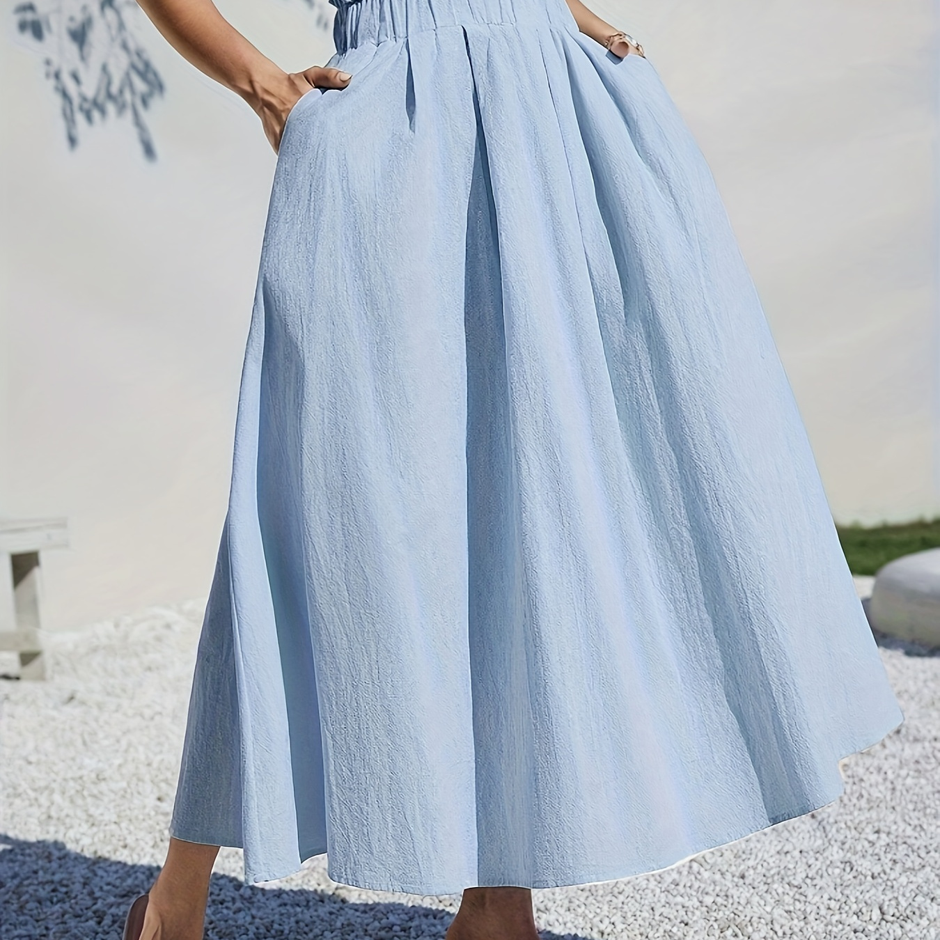 

Dual Pockets Paper Bag Waist Skirt, Elegant Solid Color Loose Ankle Length Skirt For Spring & Summer, Women's Clothing