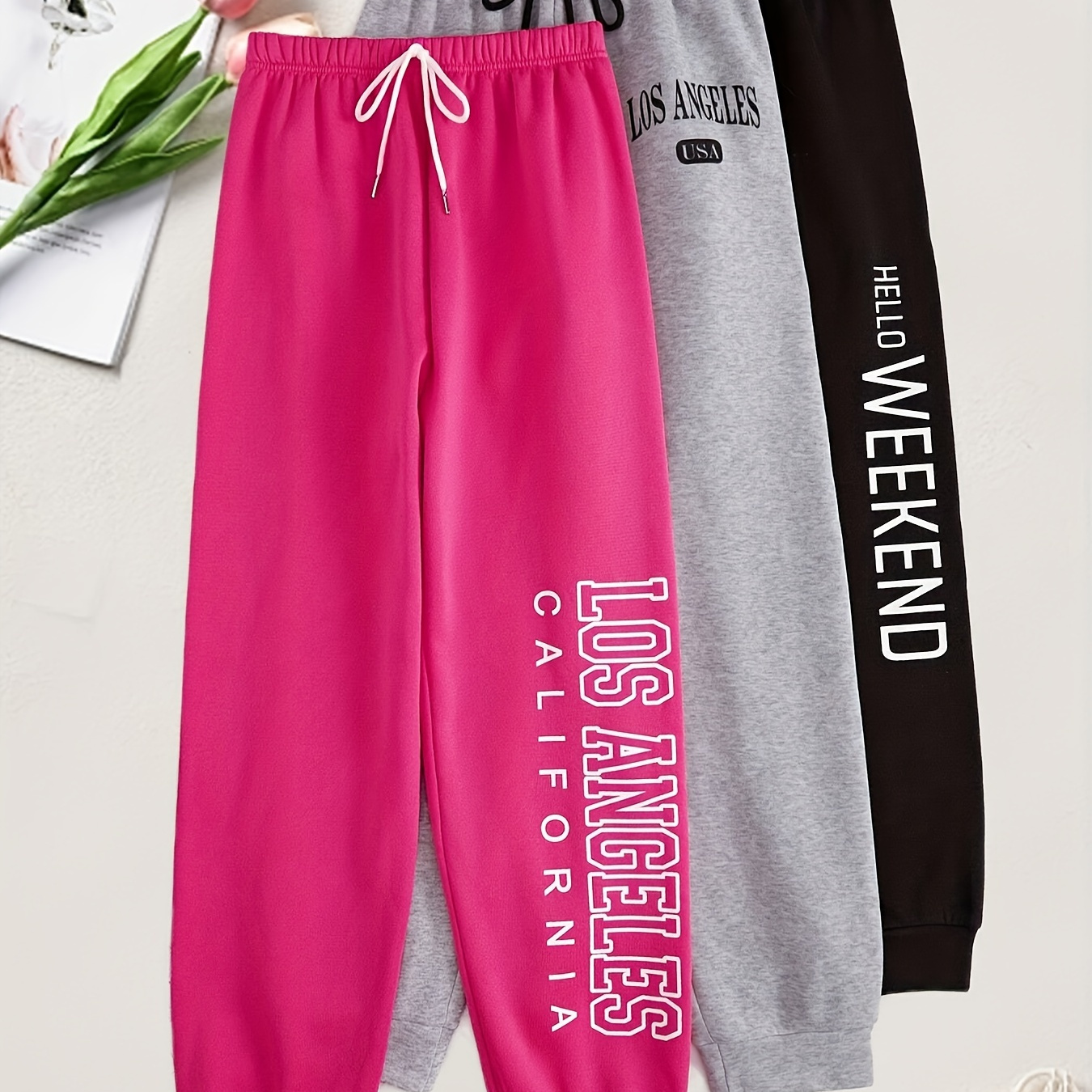 

3pcs Plus Size Casual Lounge Pants, Women's Letter Print Drawstring Elastic Waist Home Joggers For Fall & Winter